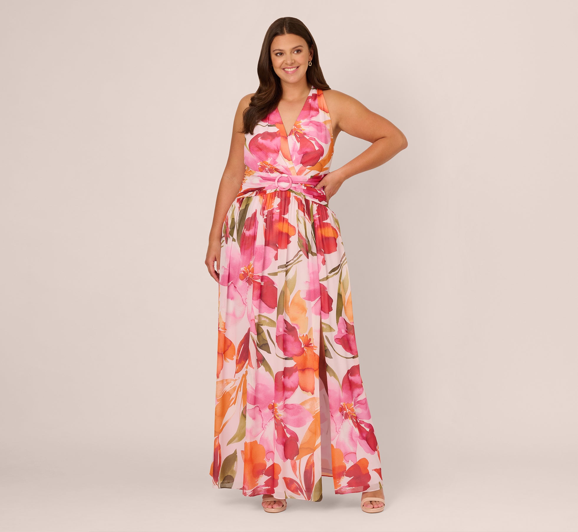 Plus Size Sleeveless Surplice Floral Chiffon Gown In Pink Orange Multi、mySite、solidvoid