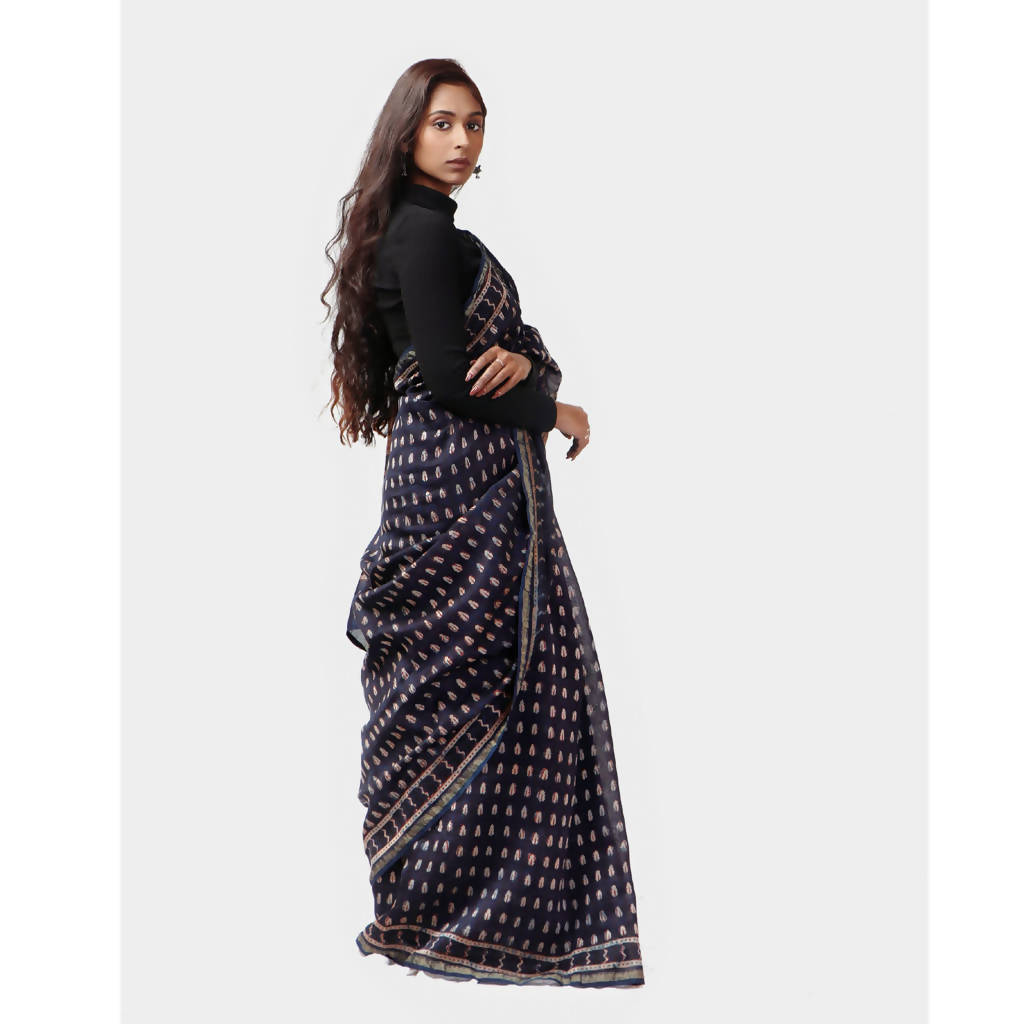 Natural Dyed Dark Blue Dabu Printed Chanderi Saree、mySite、camillekostekn