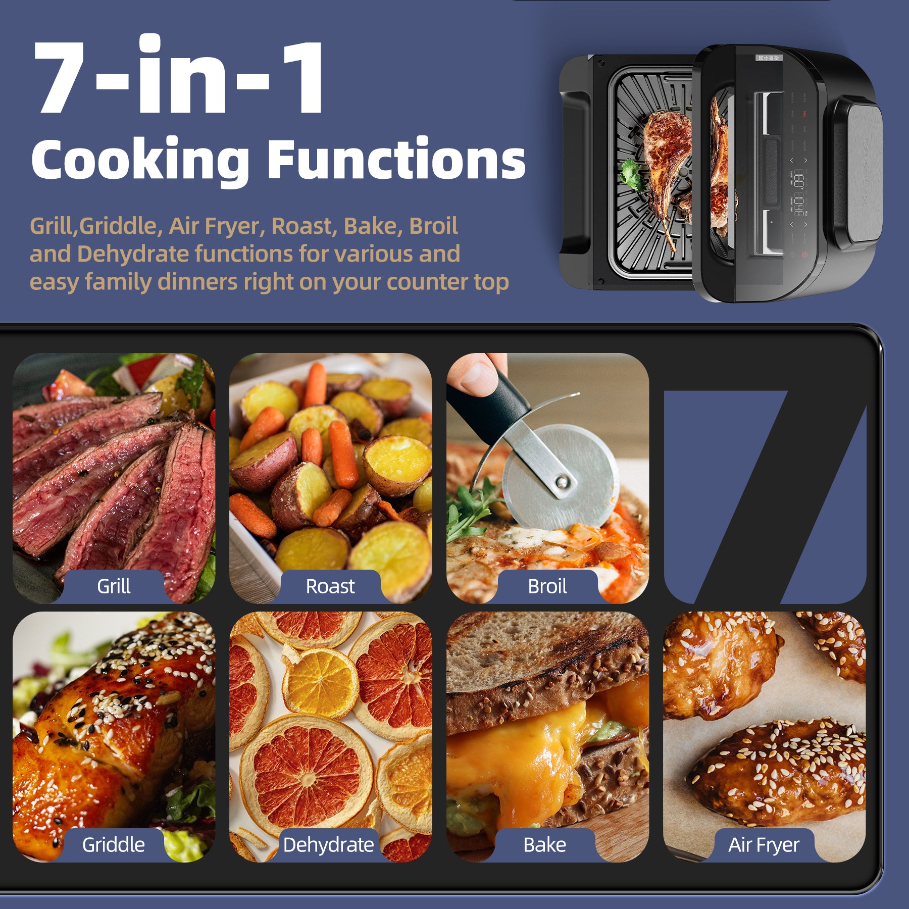 KLOUDIC Smart Indoor Grill & Air Fryer Combo, Smokeless Electric Countertop Griddle, with Removable Non-Stick 1700W, Black、mySite、fannypackpong