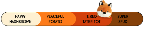 A Spudsters red fox plush by Aurora that is placed at tired tater tot on the spud-o-meter