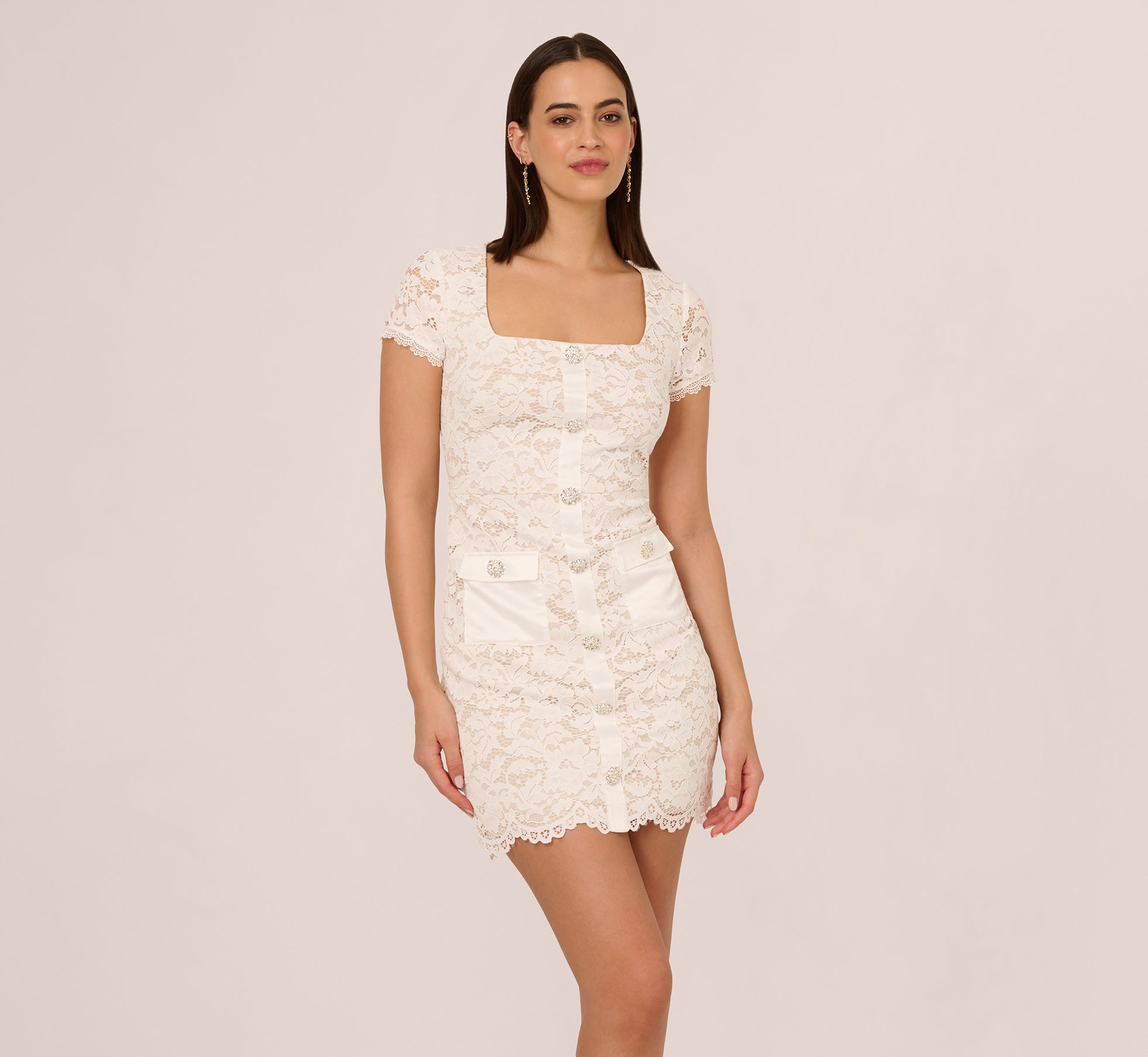 Cap Sleeve Rhinestone Button Lace Short Dress In Ivory、mySite、solidvoid