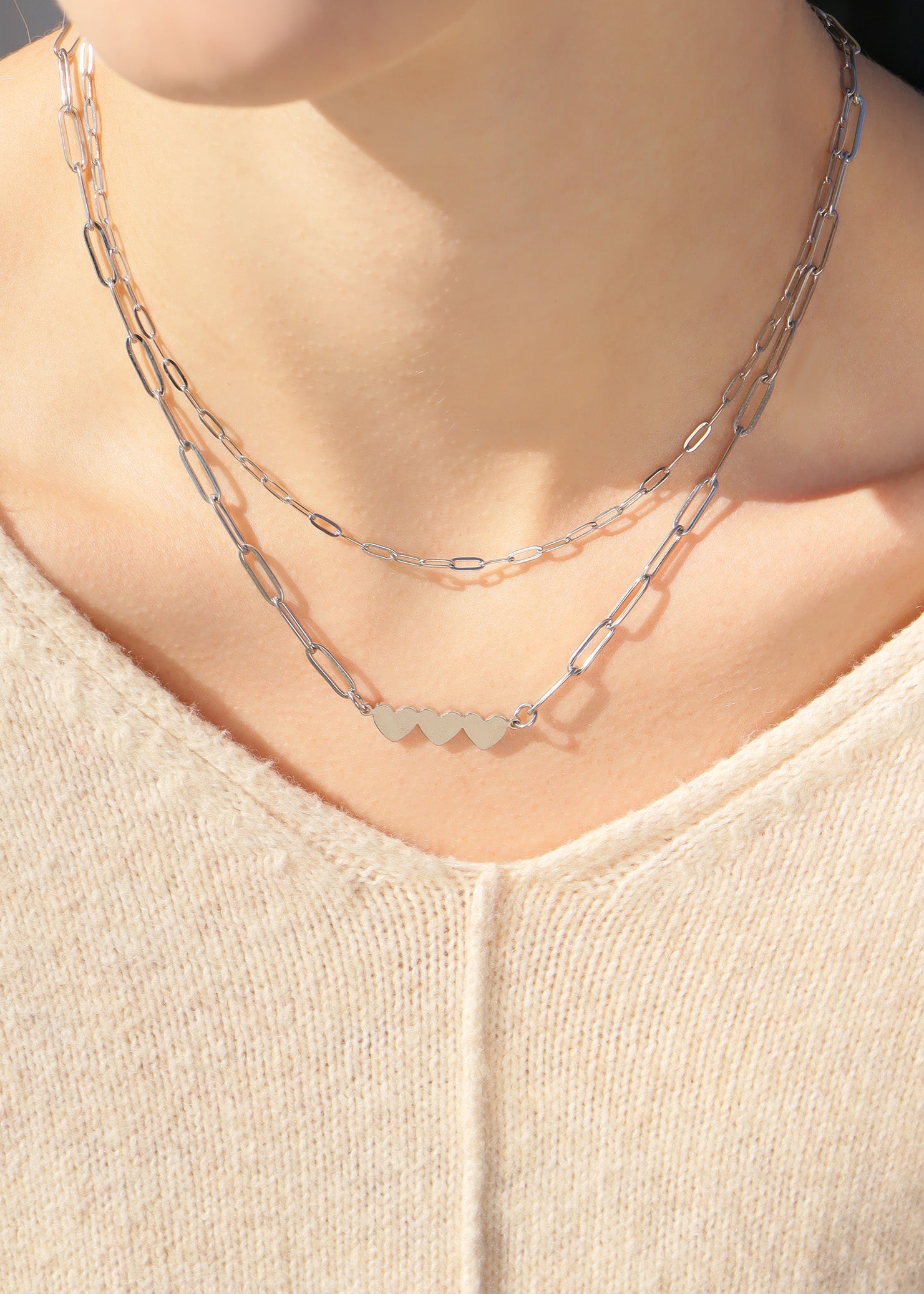 Stainless Steel Engravable 3 Heart Paperclip Necklace / SBB0353、mySite、dreamappss