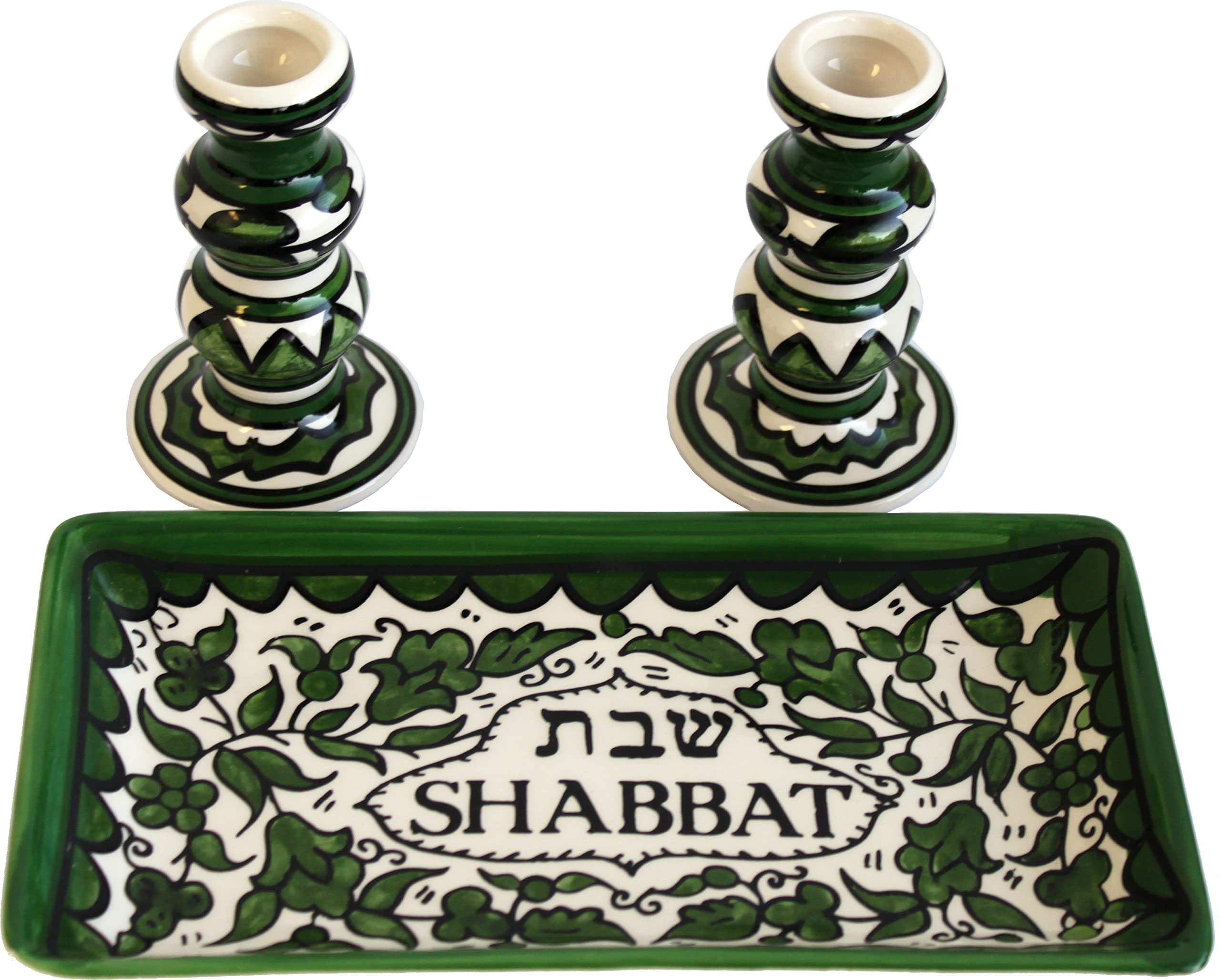  Holy Land Market Shabbat Candlestick Set - Colorful Ceramic Candlesticks with Matching Plate for Shabbat and Holidays、mySite、elrpsem3k