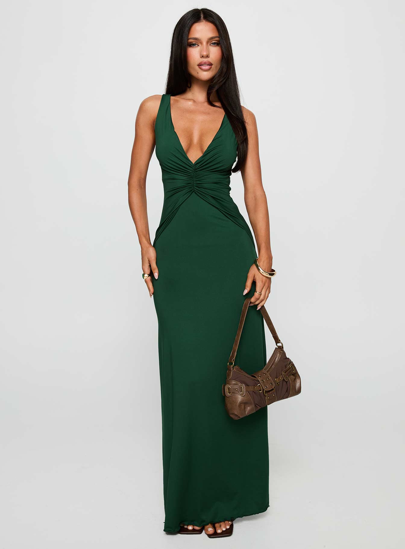 Frederica Plunge Maxi Dress Forest Green、mySite、solidvoid