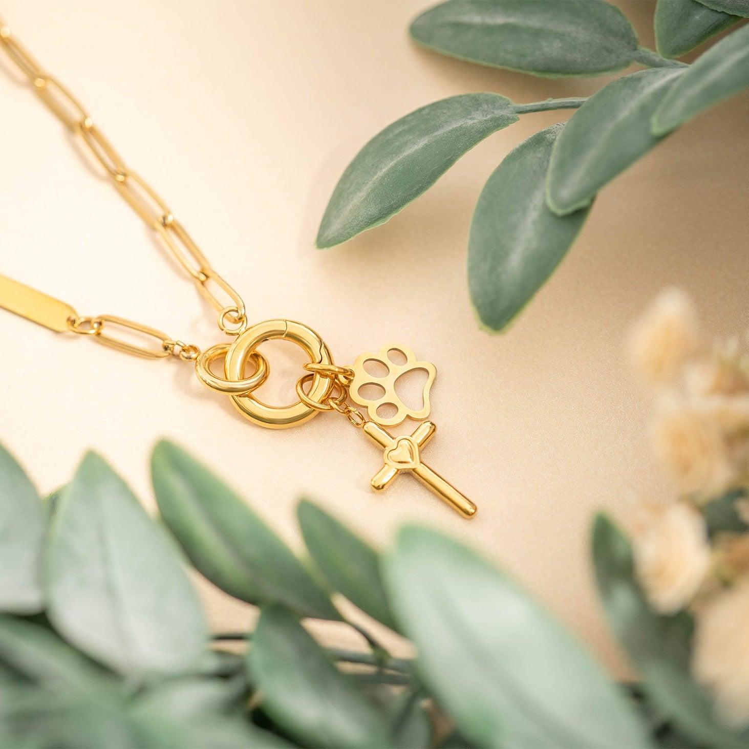 18K Gold PVD Stainless Steel Cross with Heart Charm / PDL0058、mySite、dreamappss