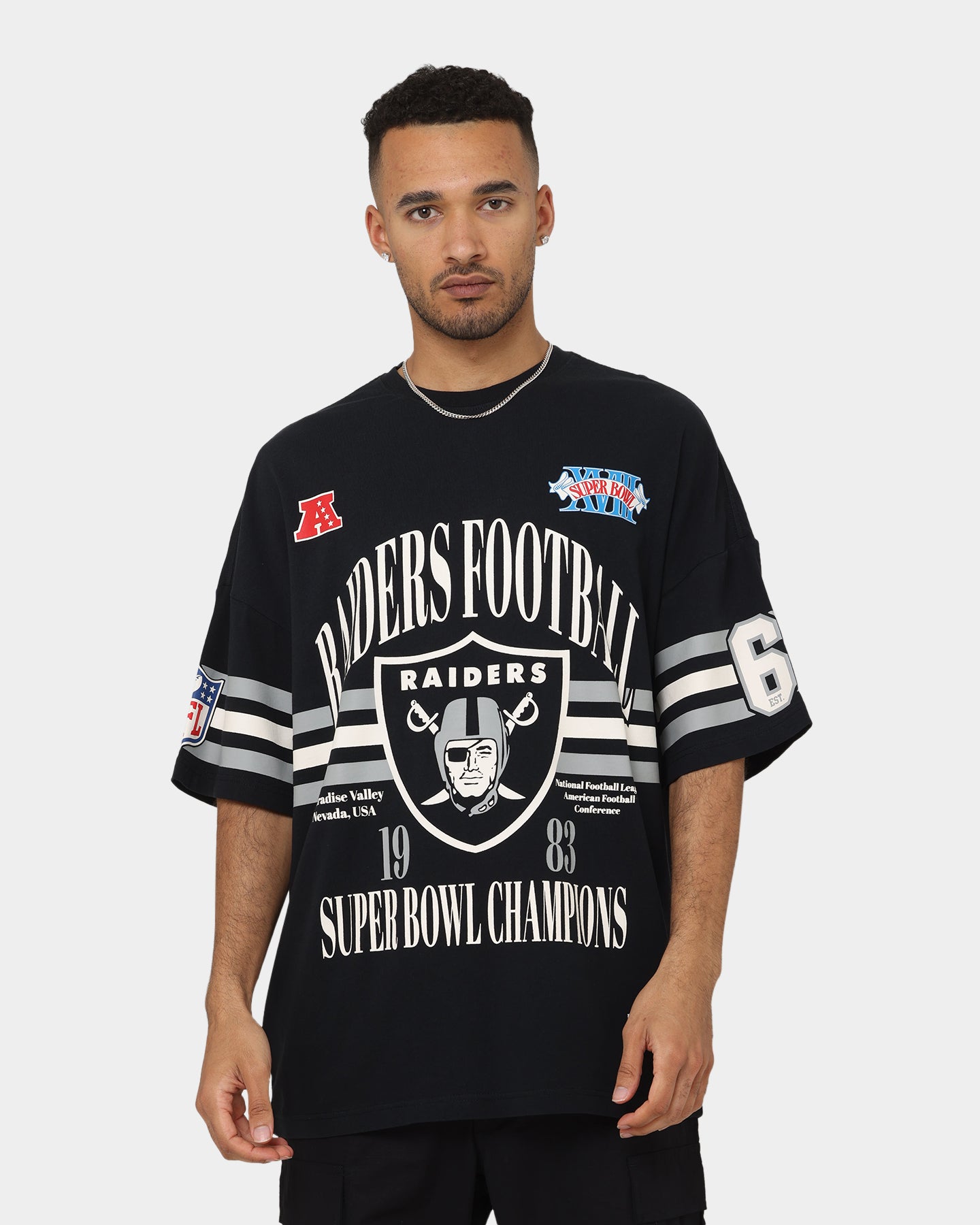 Majestic Athletic Las Vegas Raiders Champion Arch Stripe Oversized T-Shirt Faded Black、mySite、zt4zffjzw