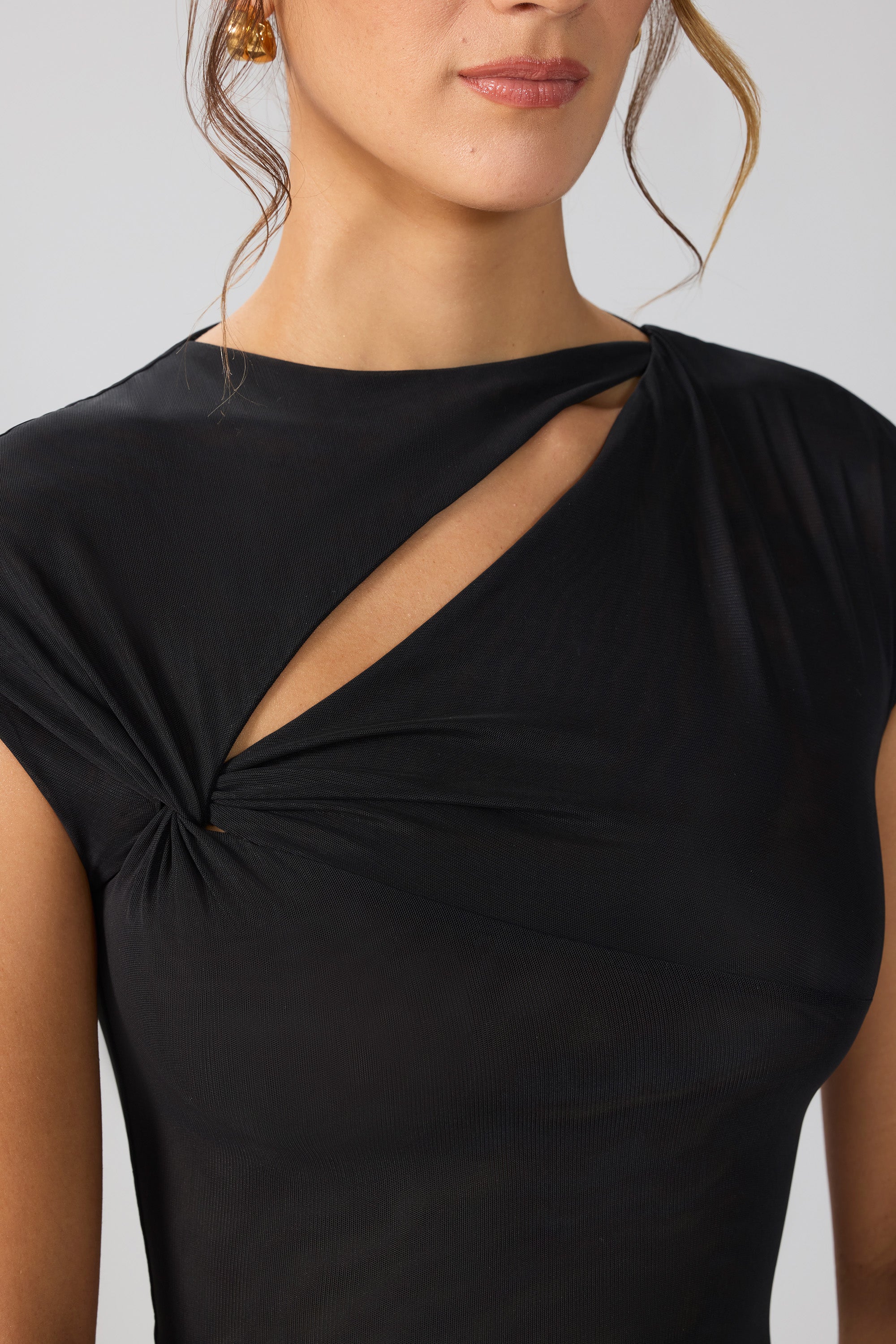 Mesh Cap Sleeve Cut Out Mini Dress in Black、mySite、solidvoid