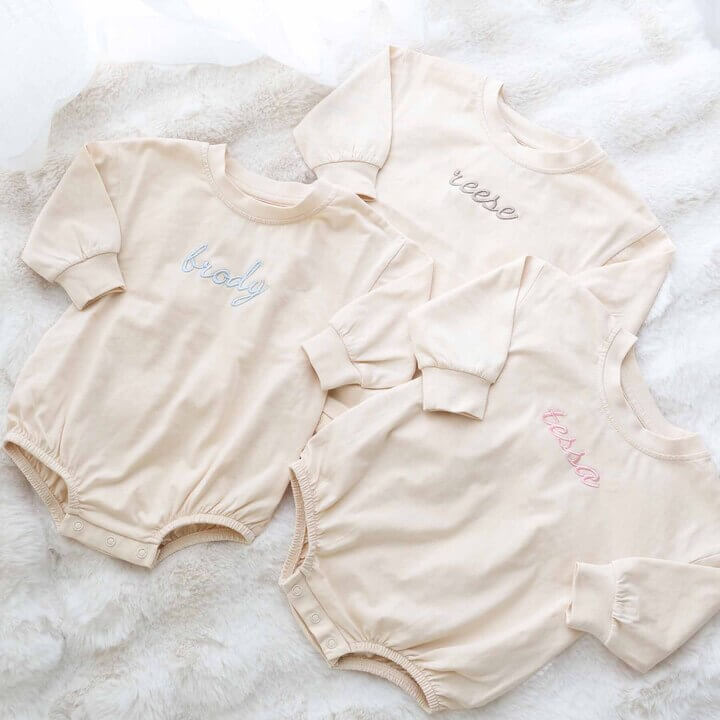  Personalized Script Name Long Sleeve Bubble Romper | Natural、mySite、layawaytickets