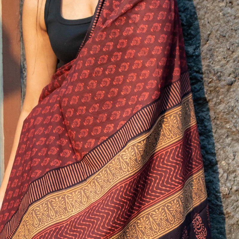 Festive Wear | Bagru Printed Chanderi Maroon Saree、mySite、camillekostekn