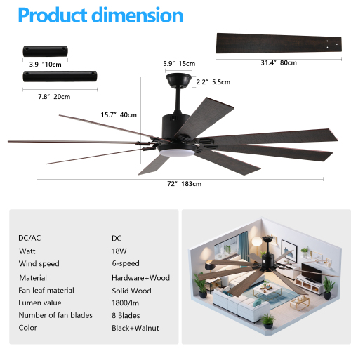 65 Inch Black Ceiling Fan with Light, 5-Blade Dimmable LED Ceiling Fan with Remote Control, Modern Quiet Design for Living Room and Bedroom (Silent/6-Speed/Reversible/DC Motor)、、eastwooduniform