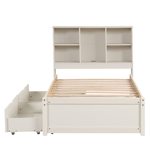 Modern Twin Size Bed Frame With Built-in USB Port on Bookcase Headboard and 2 Drawers for White Washed Color、、xpatfood