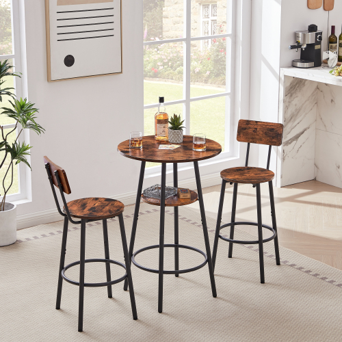 Round bar stool set with shelves, stool with backrest Rustic Brown, 23.6'' Dia x 35.4'' H、、casual