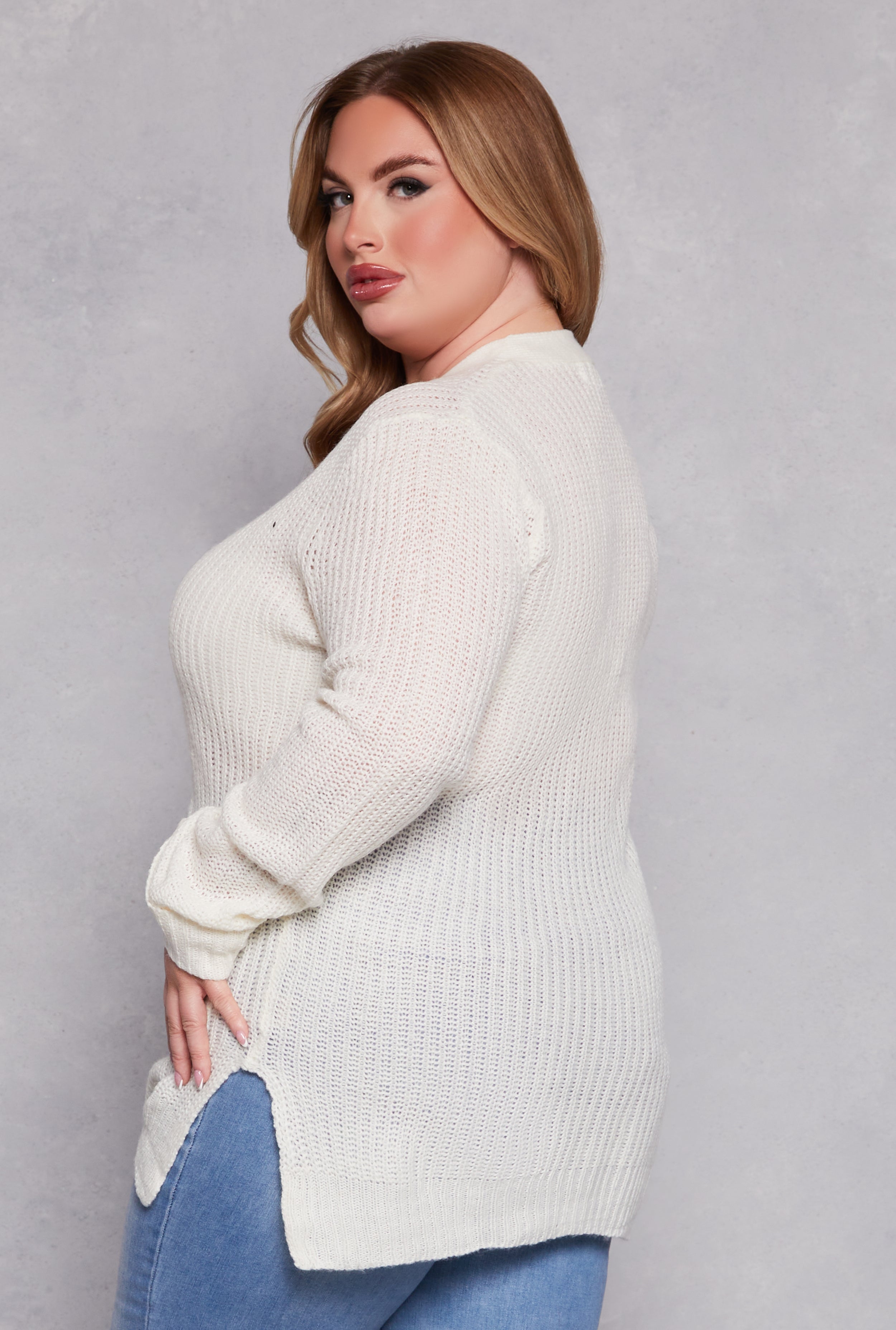 Plus Size Button Front Knit Cardigan、mySite、camillekostekn