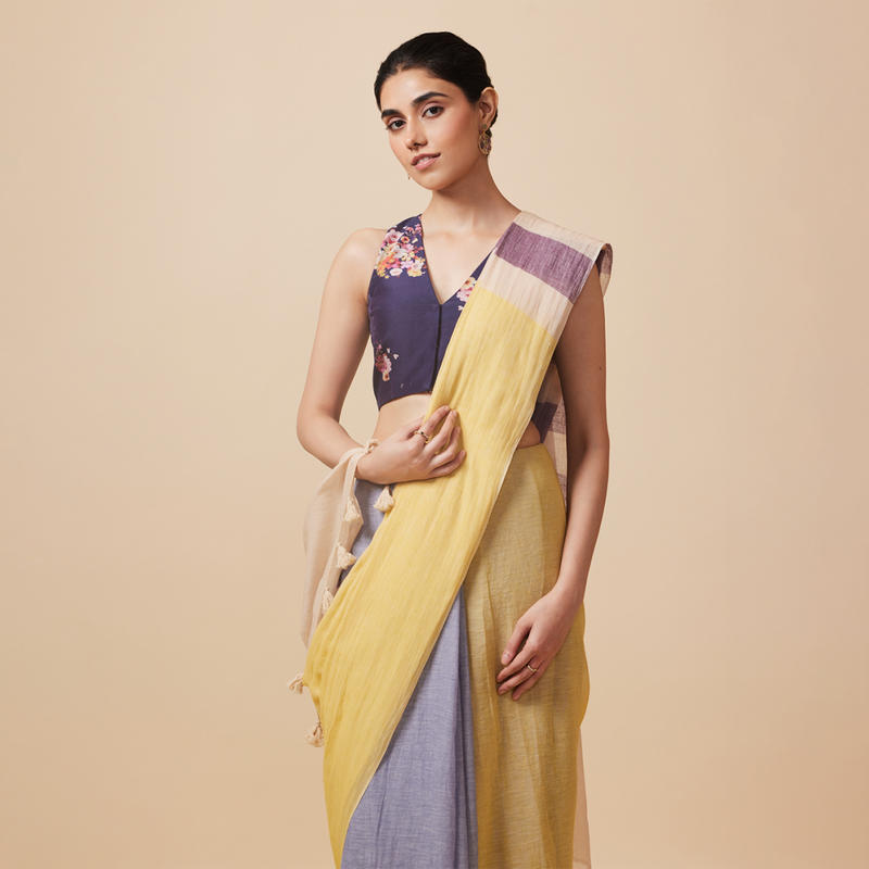 Cotton Solid Saree with Blouse | Yellow & Blue、mySite、camillekostekn