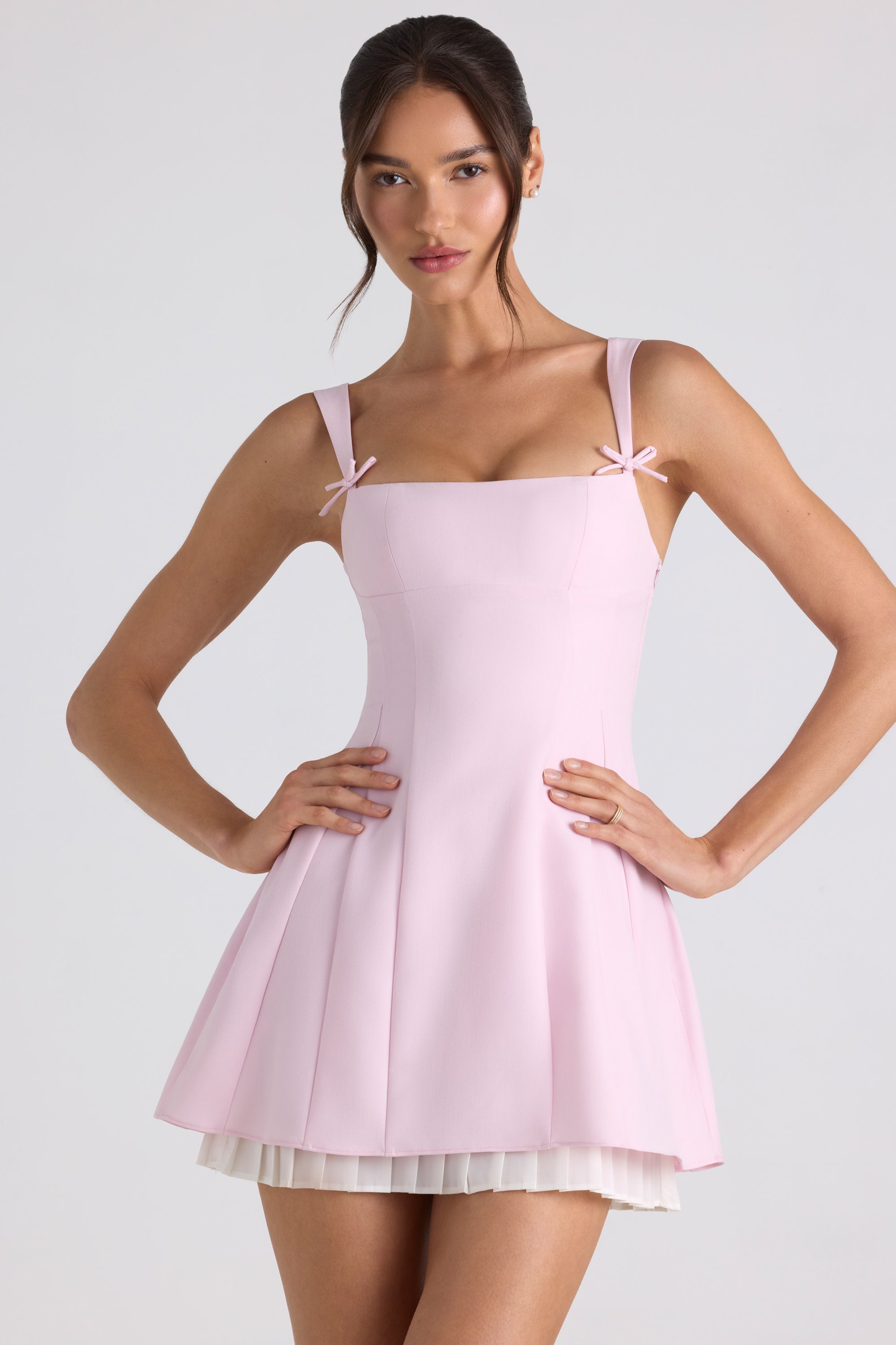 Bow-Detail Pleated A-Line Mini Dress in Soft Pink、mySite、solidvoid