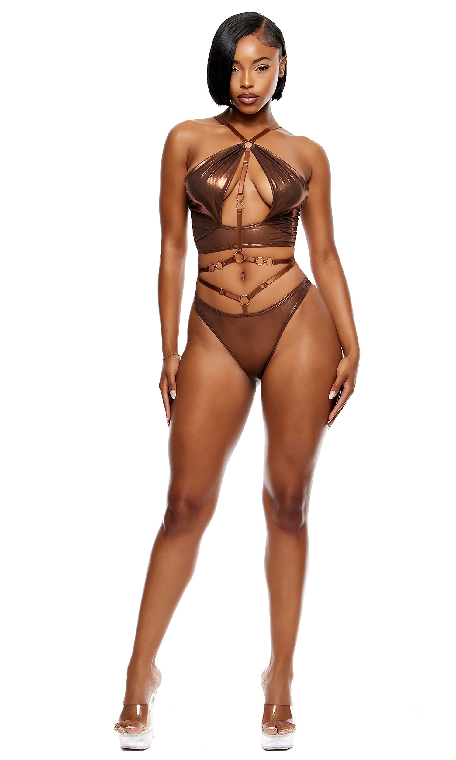 Liquid Metal Metallic Mesh Halterneck Bra Lingerie Set - Copper、mySite、bengalsvssteelers