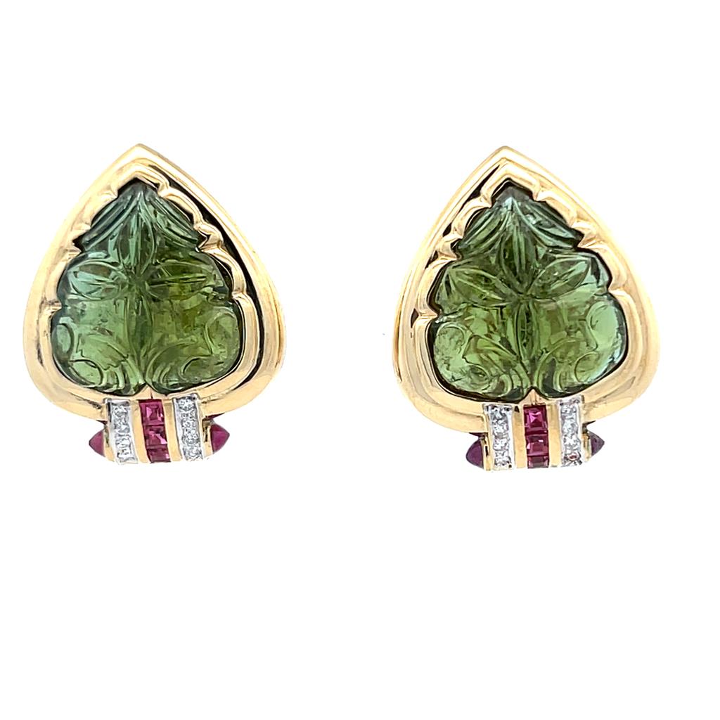 Estate 18K Yellow Gold Carved Green Tourmaline, Ruby, & Diamond Stud Earrings、mySite、botmansion
