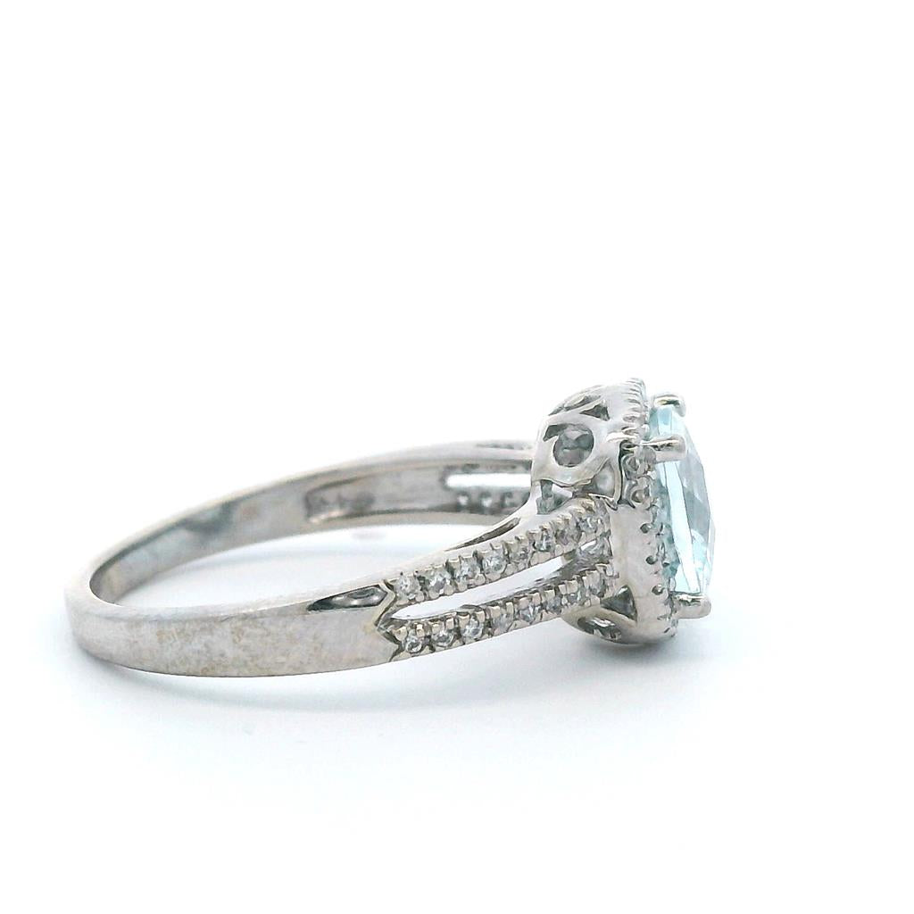 Estate 14K White Gold 1.62ctw Cushion Aquamarine & Diamond Halo Ring、mySite、botmansion