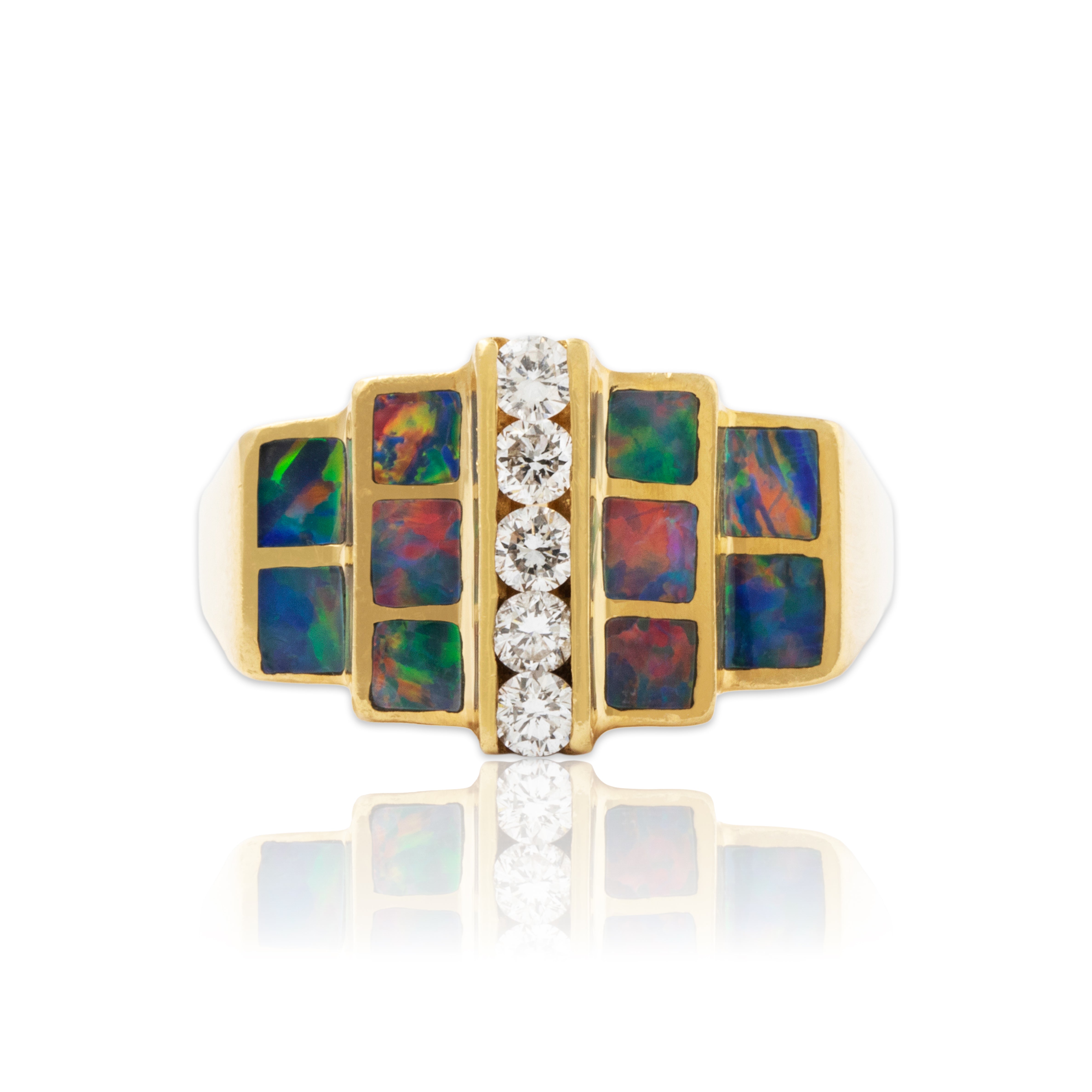 Vintage Heavy 18k Yellow Gold Blue Opal .29cttw Diamond Inlay Ring 8.75、mySite、hinf8tx79