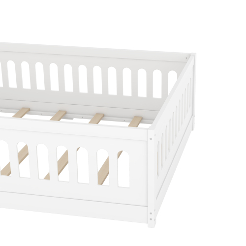 Twin Size Floor Bed with Heightened Safety Guardrails and Door, Solid Wood Bedframe with Rails for Girls, Boys, Teens, Child Bedroom, Kids Playroom, No Slats Included, White、、casual
