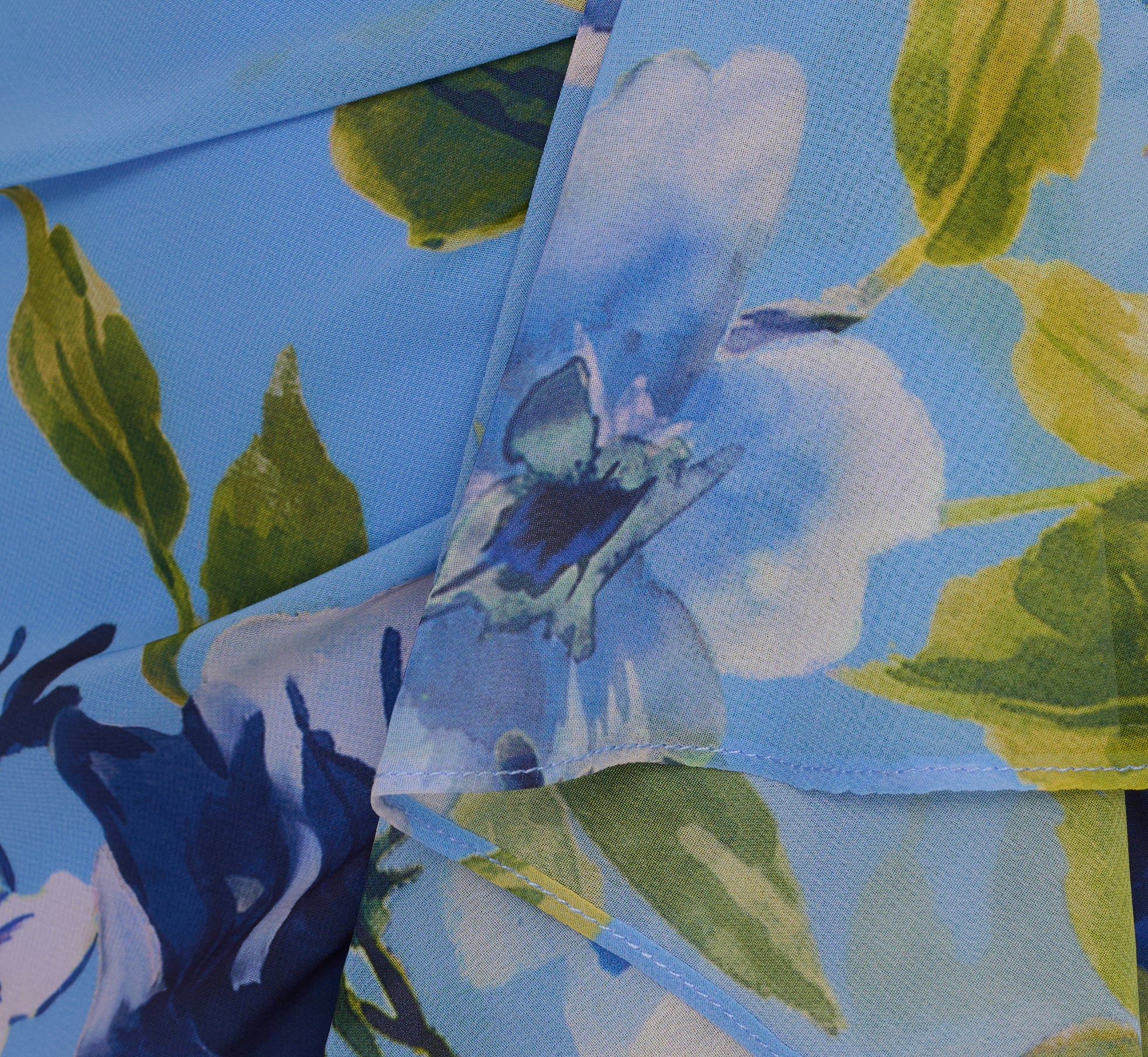 Asymmetrical Draped Floral Chiffon Gown In Blue Multi、mySite、solidvoid