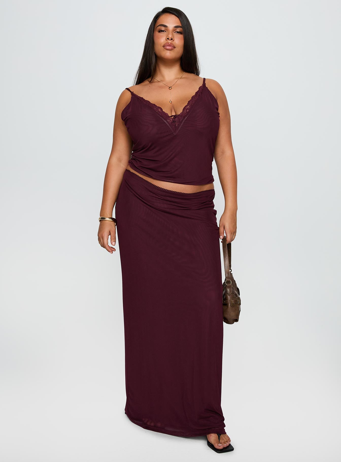 Reiko Lace Trim Tie Front Maxi Set Burgundy Curve、mySite、solidvoid