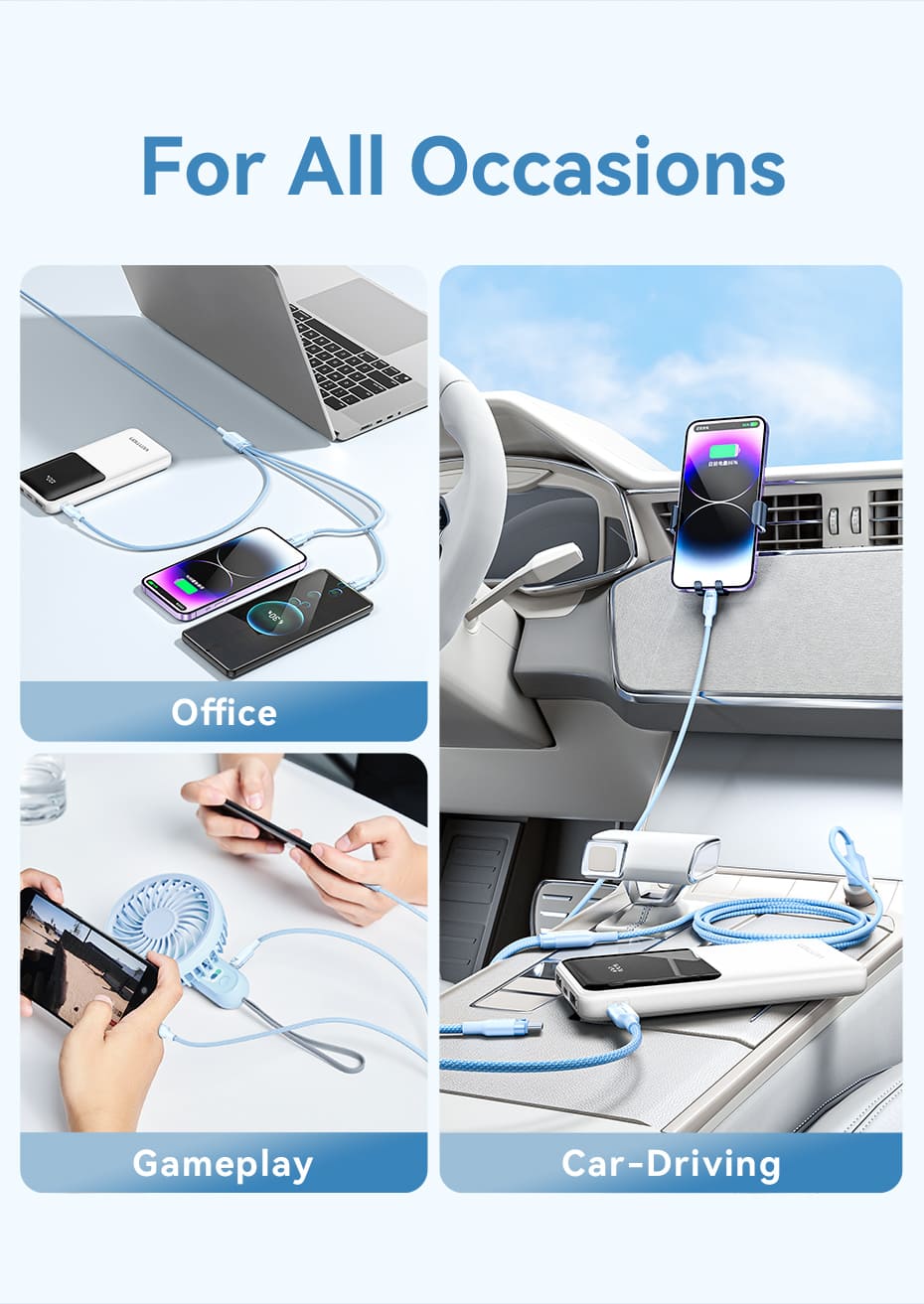 USB 2.0 A Male to 3-in-1 USB-C & Lightning & Micro-B Male 3A Cable