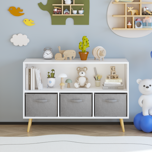 Kids bookcase with Collapsible Fabric Drawers, Children's Book Display, Toy Storage Cabinet Organizer, White/Gray、、casual
