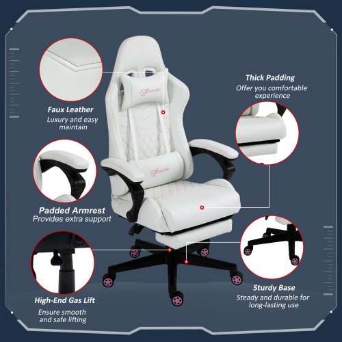 Vinsetto High Back PU Leather Gaming Chair, Racing Computer Chair with Swivel Wheels, Retractable Footrest, Headrest, Lumbar Support, and Armrest, White and Pink、、casual