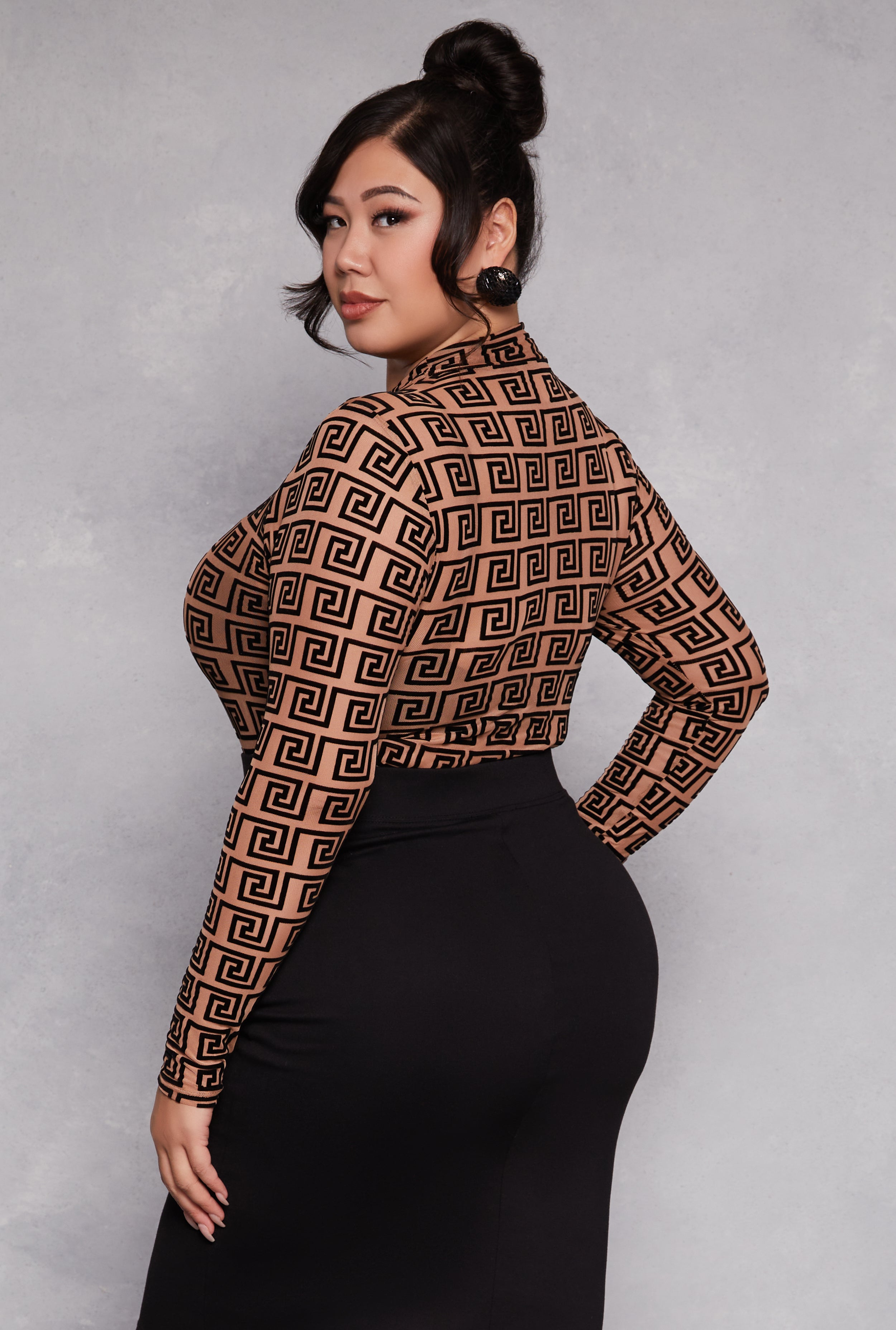 Plus Size Mesh Velvet Burnout Greek Key Bodysuit、mySite、camillekostekn