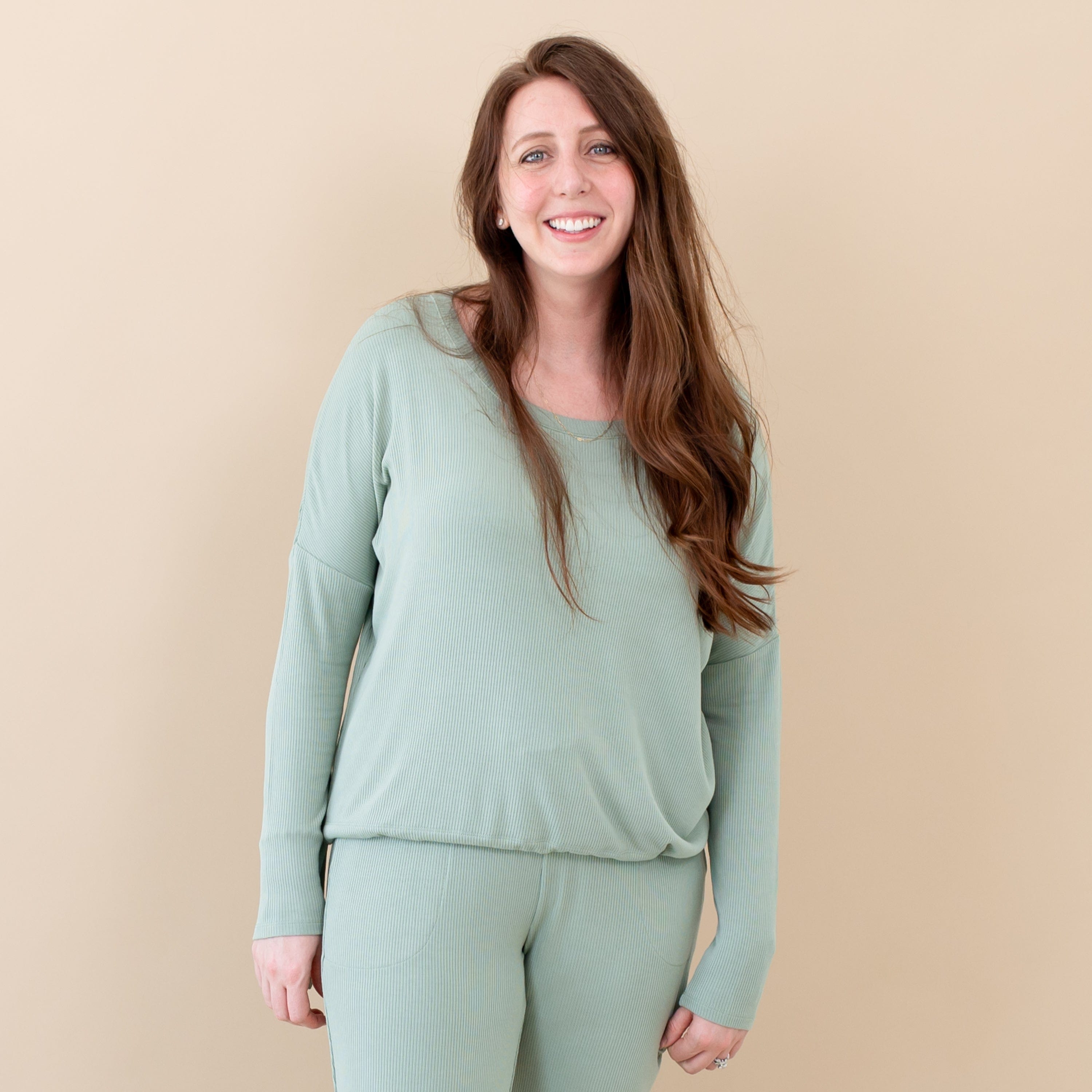  Women's Ribbed Long Sleeve Drop Shoulder Top in Thyme、mySite、layawaytickets