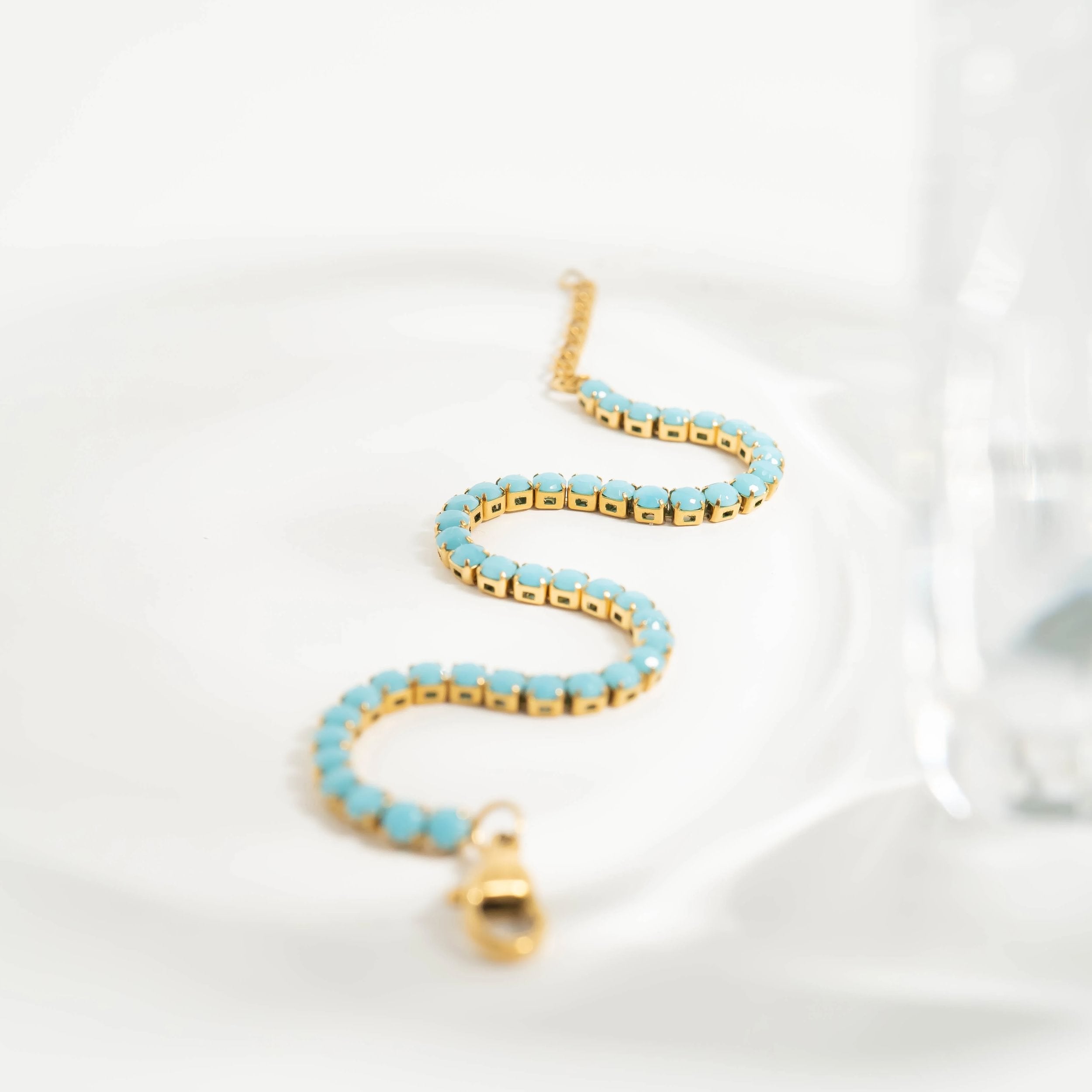 18K Gold PVD Stainless Steel Turquoise Rhinestone Tennis Chain Bracelet / TBR0006、mySite、dreamappss