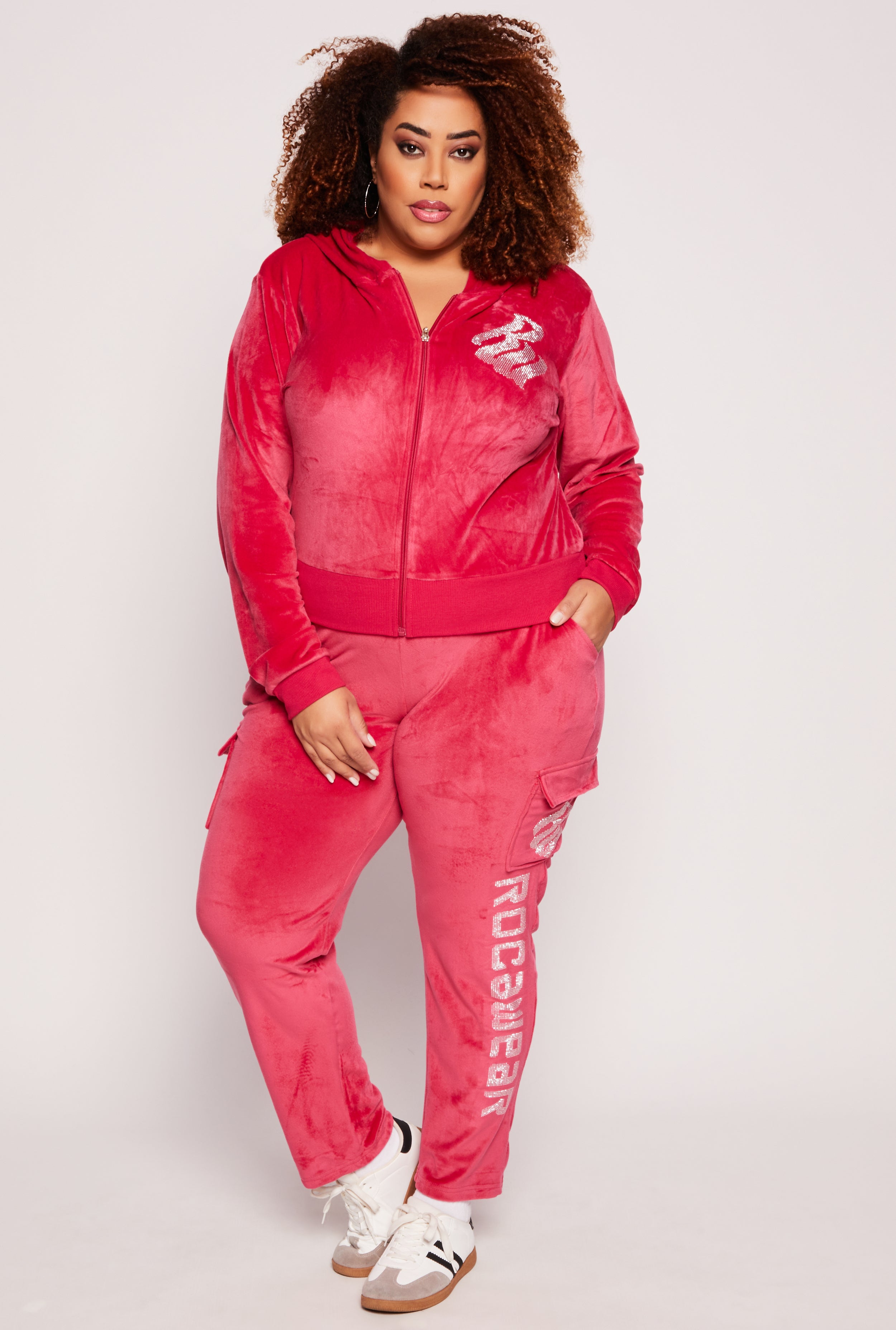 Plus Size Rocawear Rhinestone Velour Zip Front Hoodie、mySite、camillekostekn