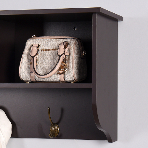 White Entryway Wall Mounted Coat Rack with 4 Dual Hooks Living Room Wooden Storage Shelf、、casual