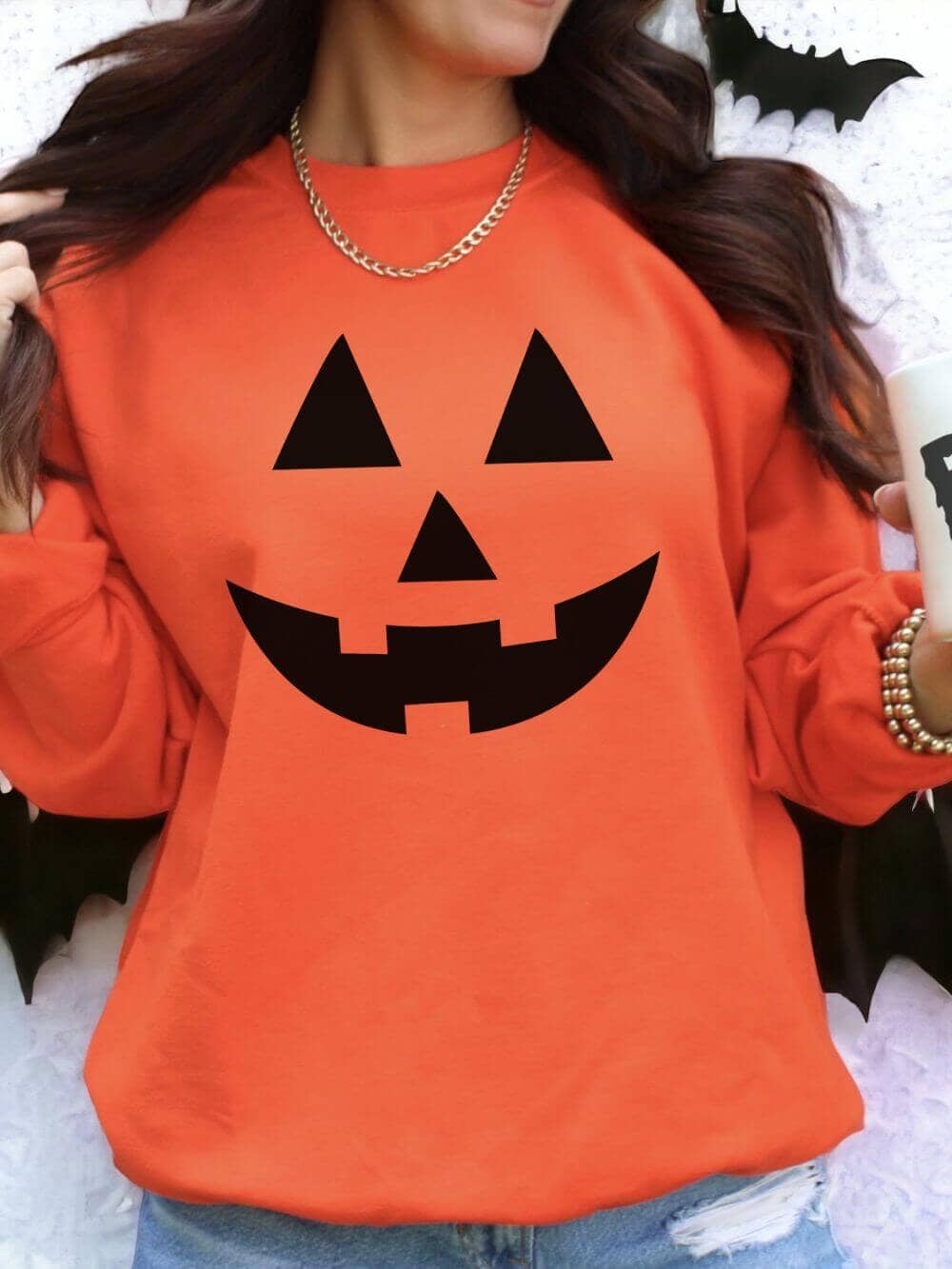 Jack-O-Lantern Face Unisex Heavy Blend Crewneck Embroidered Sweatshirt、mySite、camillekostekn