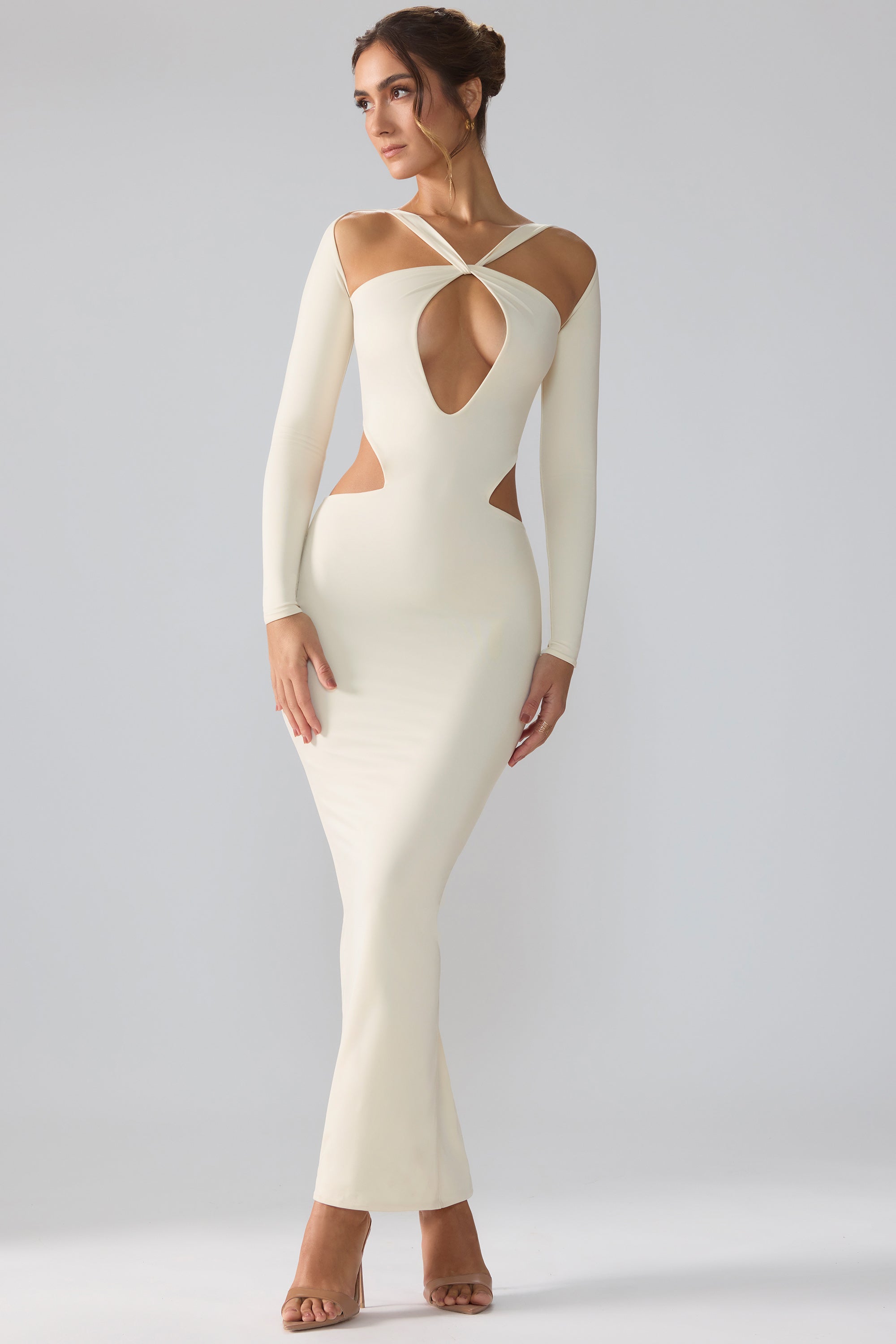 Premium Jersey Long Sleeve Cut Out Maxi Dress in Ivory、mySite、solidvoid