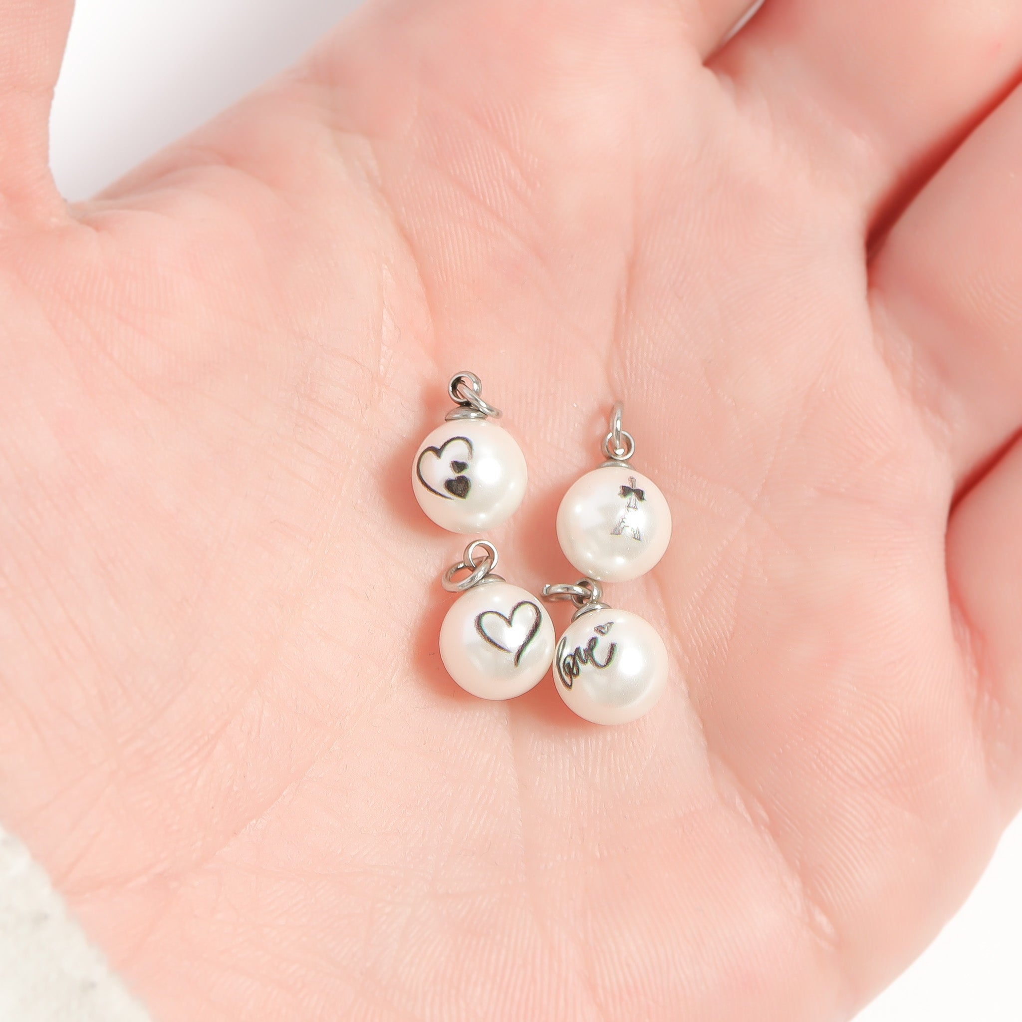 18K Gold PVD Stainless Steel 8mm Eiffel Tower Printed Pearl Charm / PDL0248、mySite、dreamappss