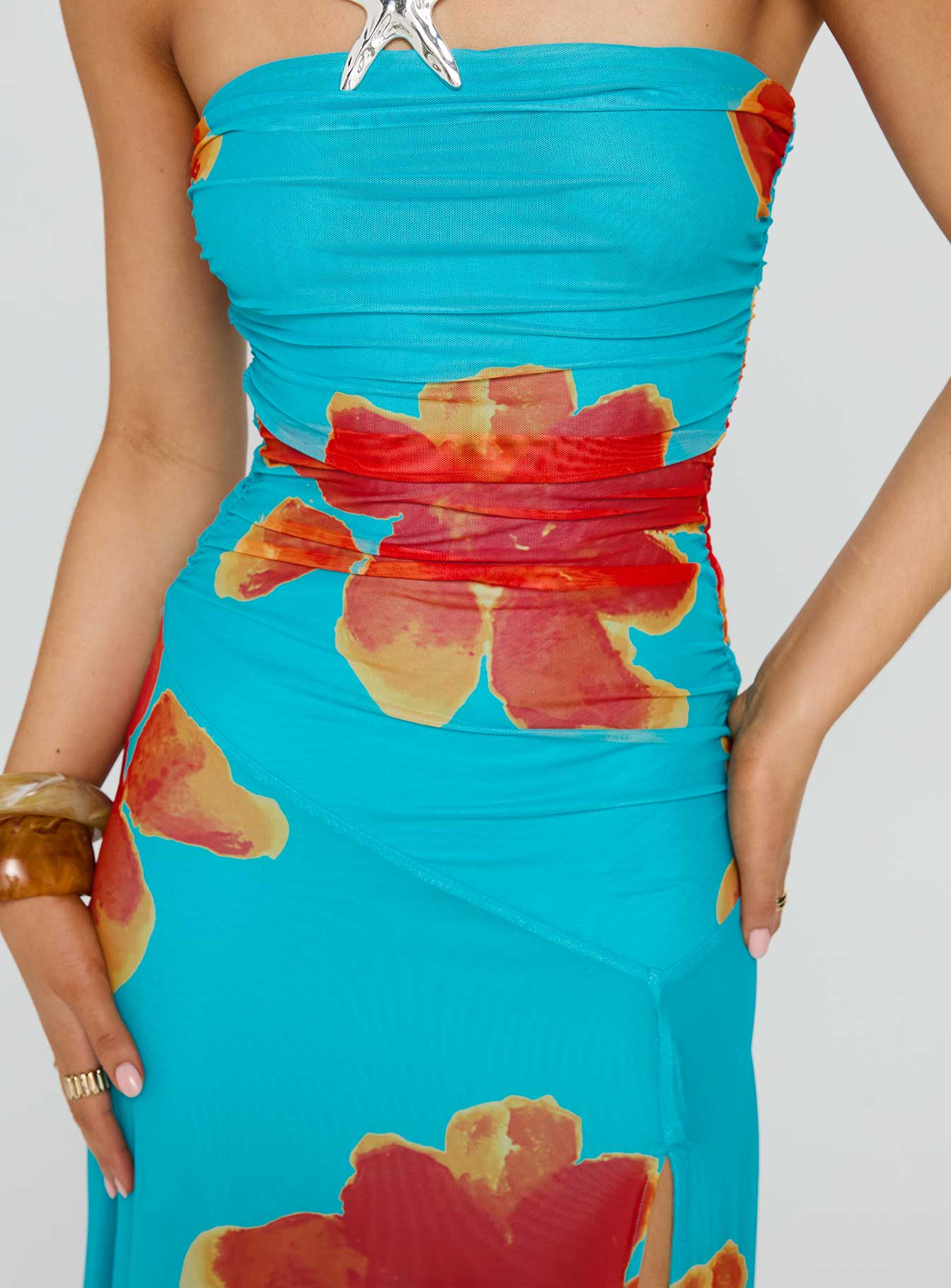 Katara Strapless Maxi Dress Blue / Orange Floral、mySite、solidvoid