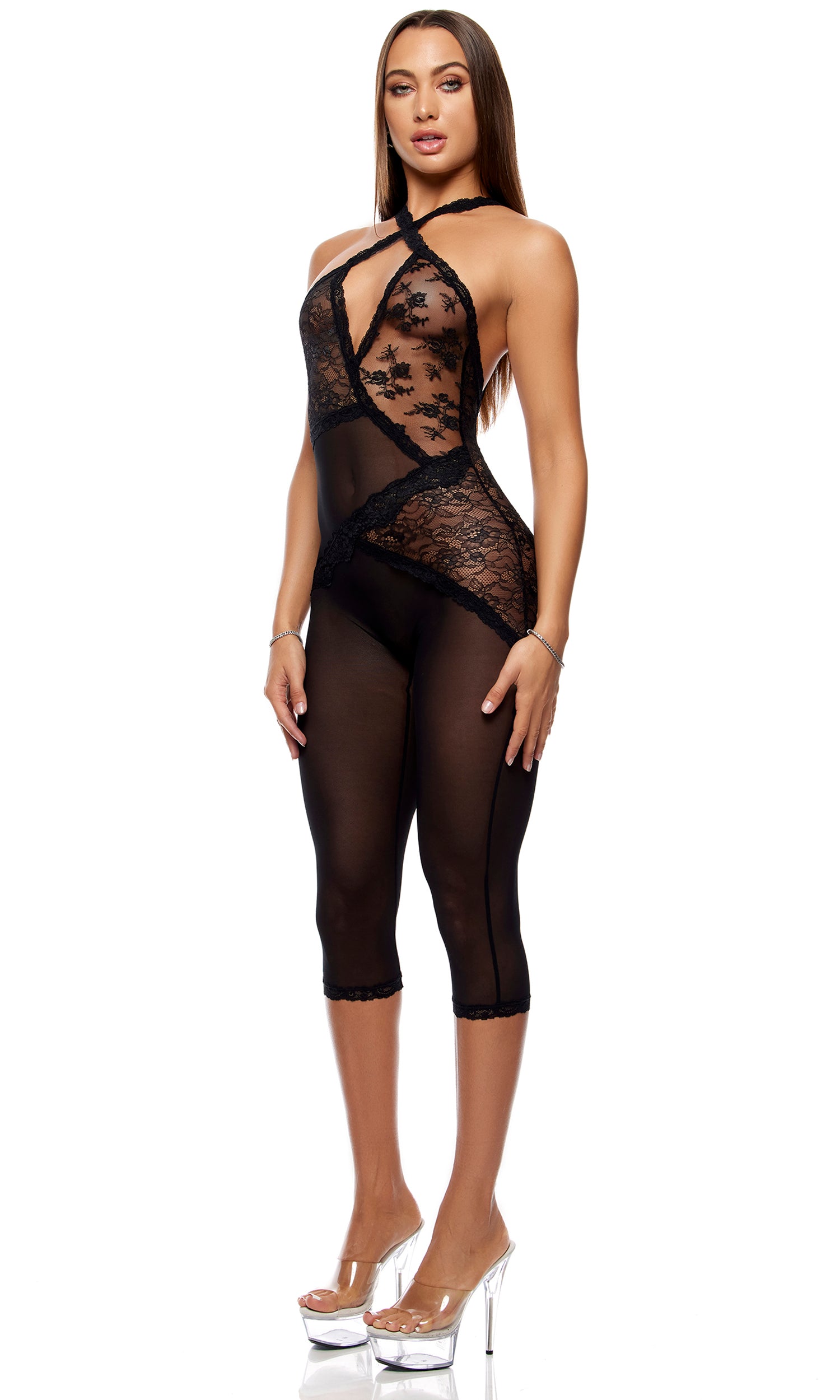 Patch of Petals Lace Capri Catsuit - Black、mySite、bengalsvssteelers