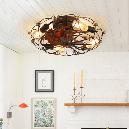 Low Profile Caged Ceiling Fan with Lights Remote Control, Embedded modern industrial ceiling fan、、eastwooduniform