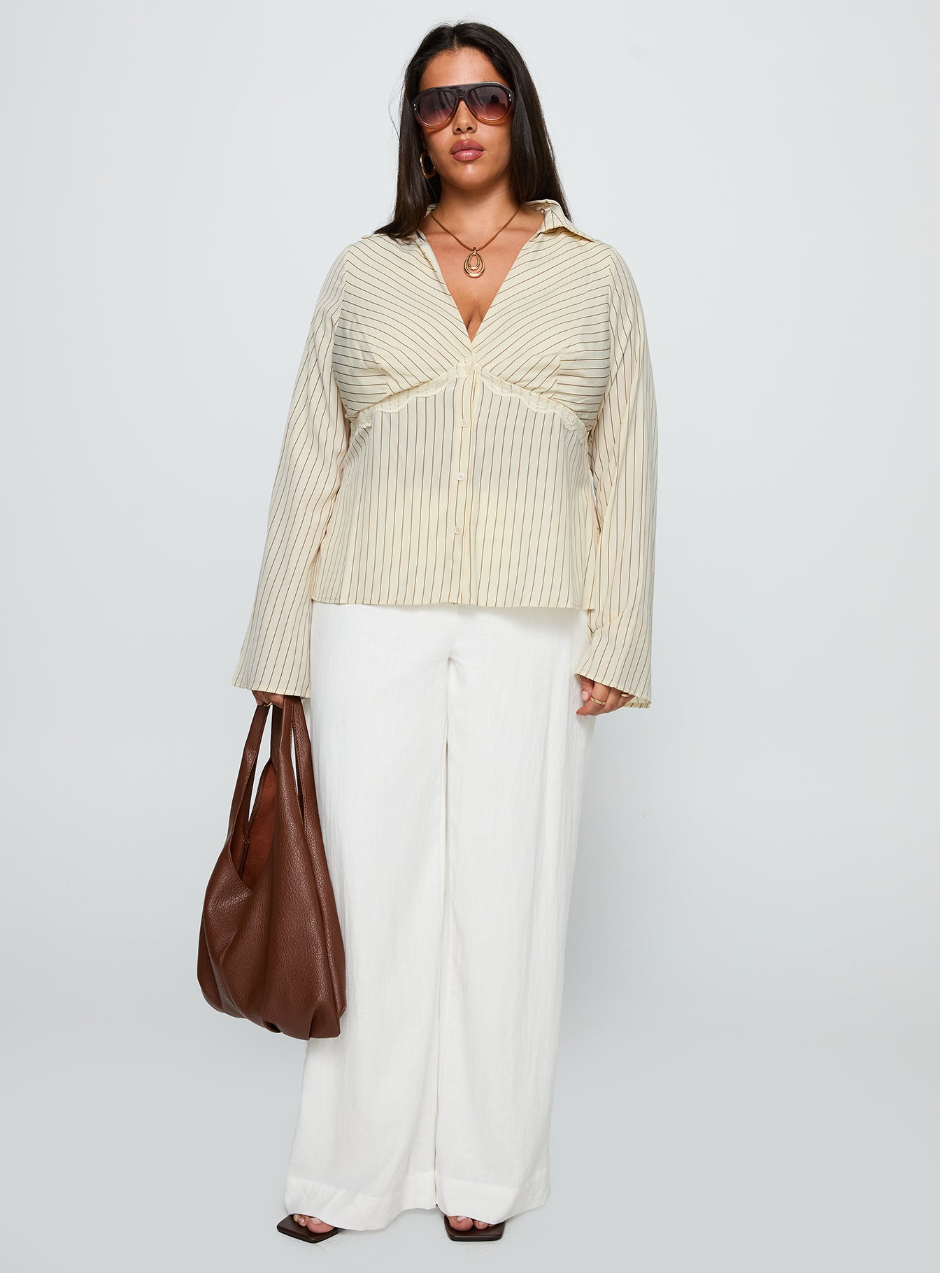 Life Begins Long Sleeve Lace Trim Top Cream Stripe Curve、mySite、solidvoid