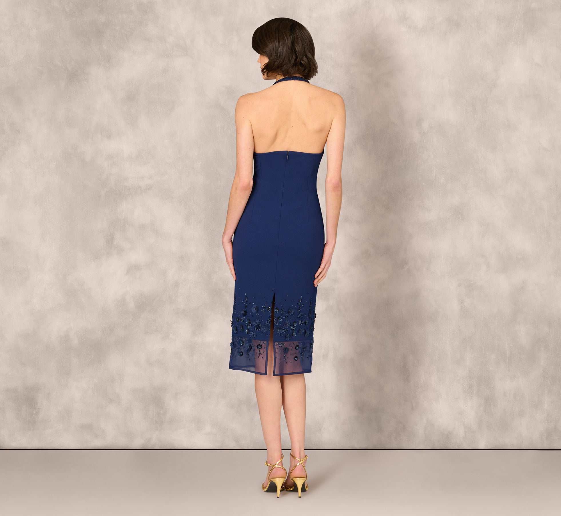 Sleeveless Beaded Organza Hem Halter Midi Dress In Navy、mySite、solidvoid