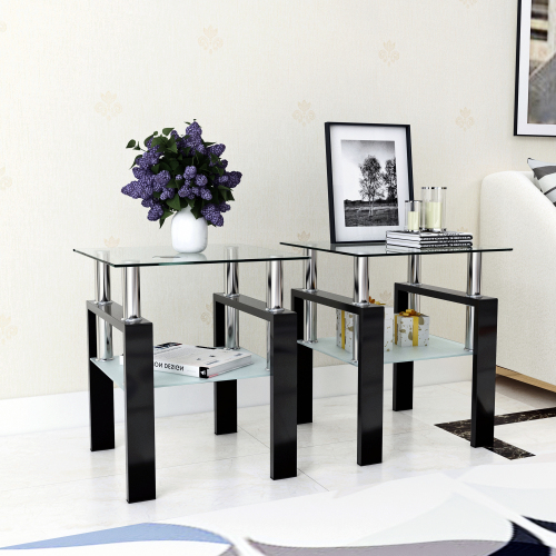 Set of 2, Modern Tempered Glass Tea Table Coffee Table End Table, Square Table for Living Room, Black、、casual