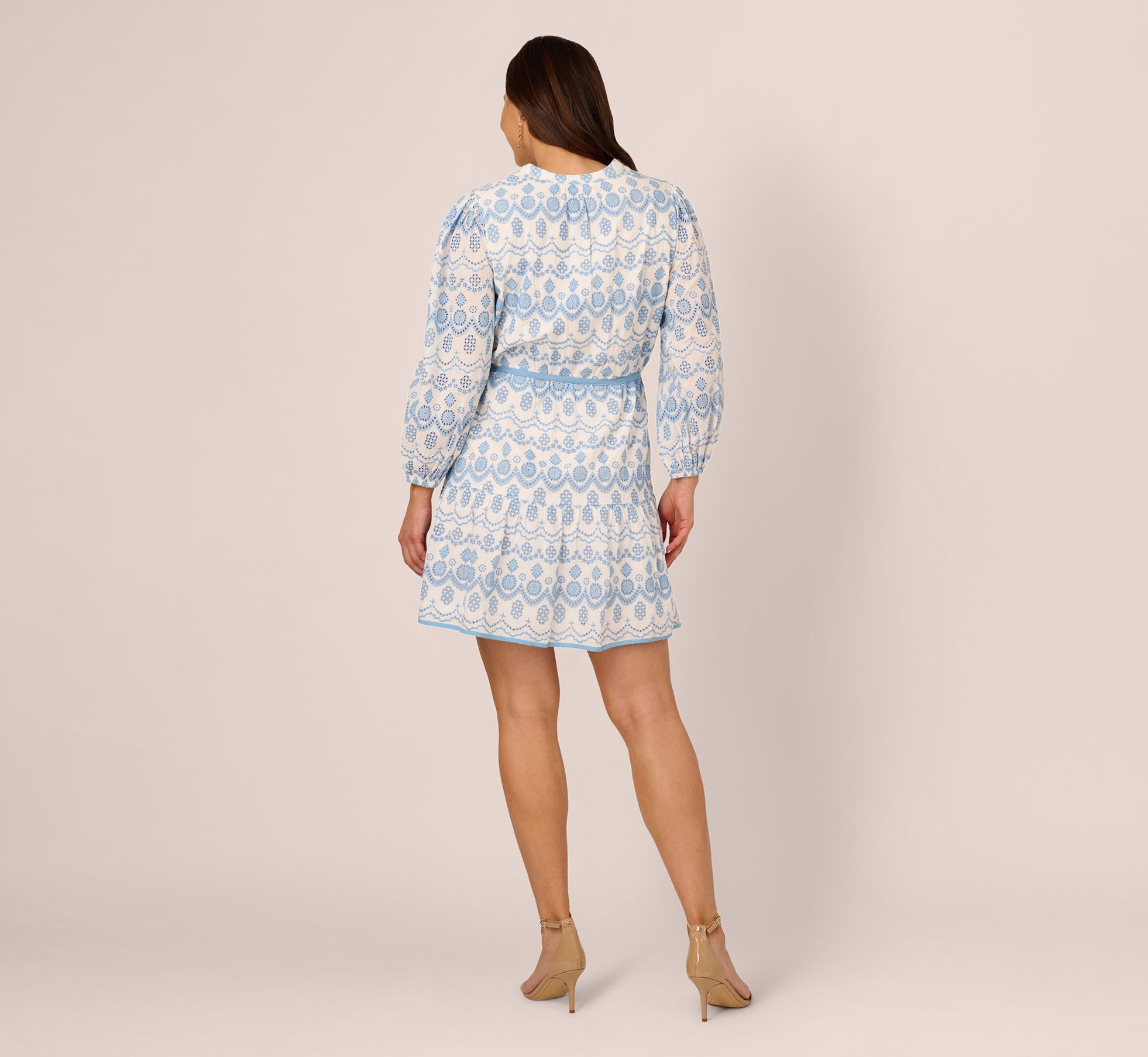 Plus Size Long Sleeve Flounce Eyelet Shirt Dress In Light Blue Ivory、mySite、solidvoid