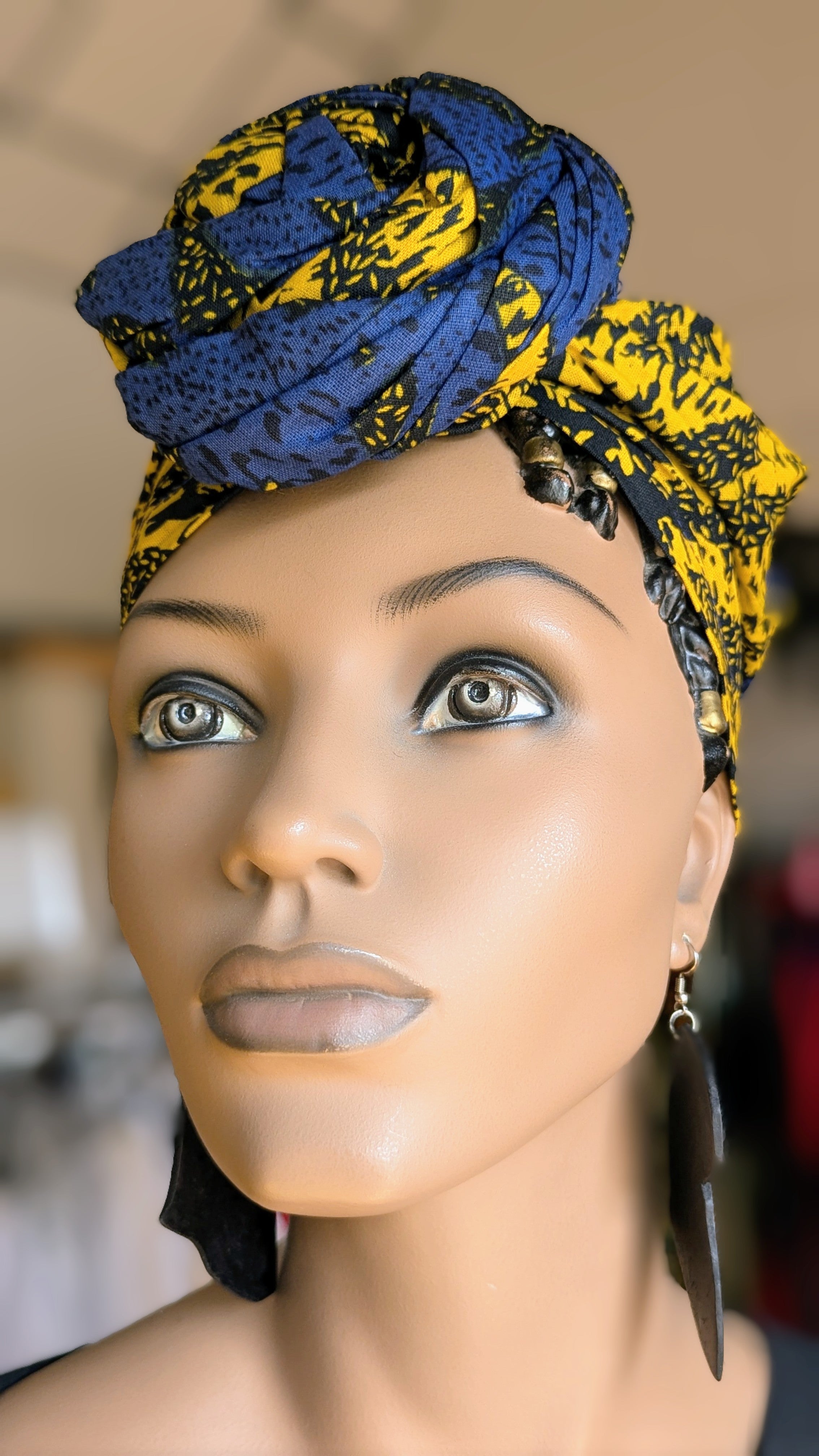 Dupsie's Zalika Blue and Gold Sunburst African Print Pre-Tied Head Wrap DP4071PT5、mySite、solidvoid