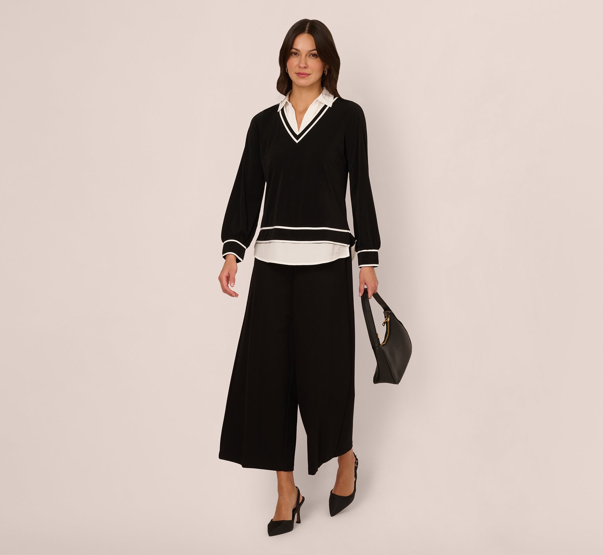 Long Sleeve Collared Twofer Tipped Sweater In Black Ivory W Ivory、mySite、solidvoid