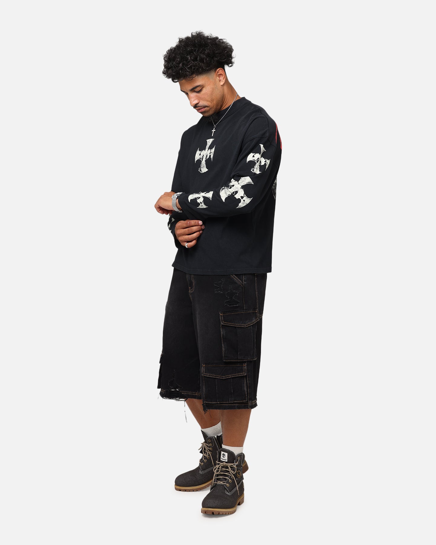 Loiter Cross Long Sleeve T-Shirt Black Acidwash、mySite、zt4zffjzw