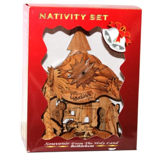  Holy Land Market Musical Olive Wood Nativity Carved by Laser with Incense from Jerusalem (20 cm or 8 inches)、mySite、elrpsem3k