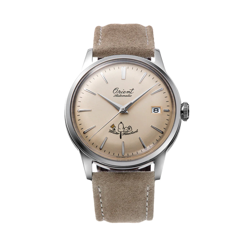  Orient Peanuts 75th Anniversary Limited Edition Bambino 38mm - Champagne on Suede Leather Strap