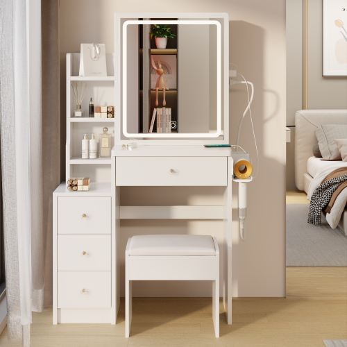 29.2" Small Size Left Bedside Cabinet Vanity Table + Cushioned Stool, Large Sliding, Touch Control, Tri-color Switching, Brightness Adjust LED Mirror, High Capacity Storage, Suitable for Small Space、、xpatfood